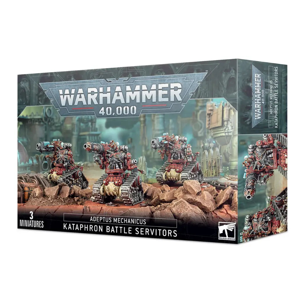 Warhammer 40k Adeptus Mechanicus Kataphron Battle Servitors box featuring three heavy treads with cybernetic torsos and oversized energy cannons.