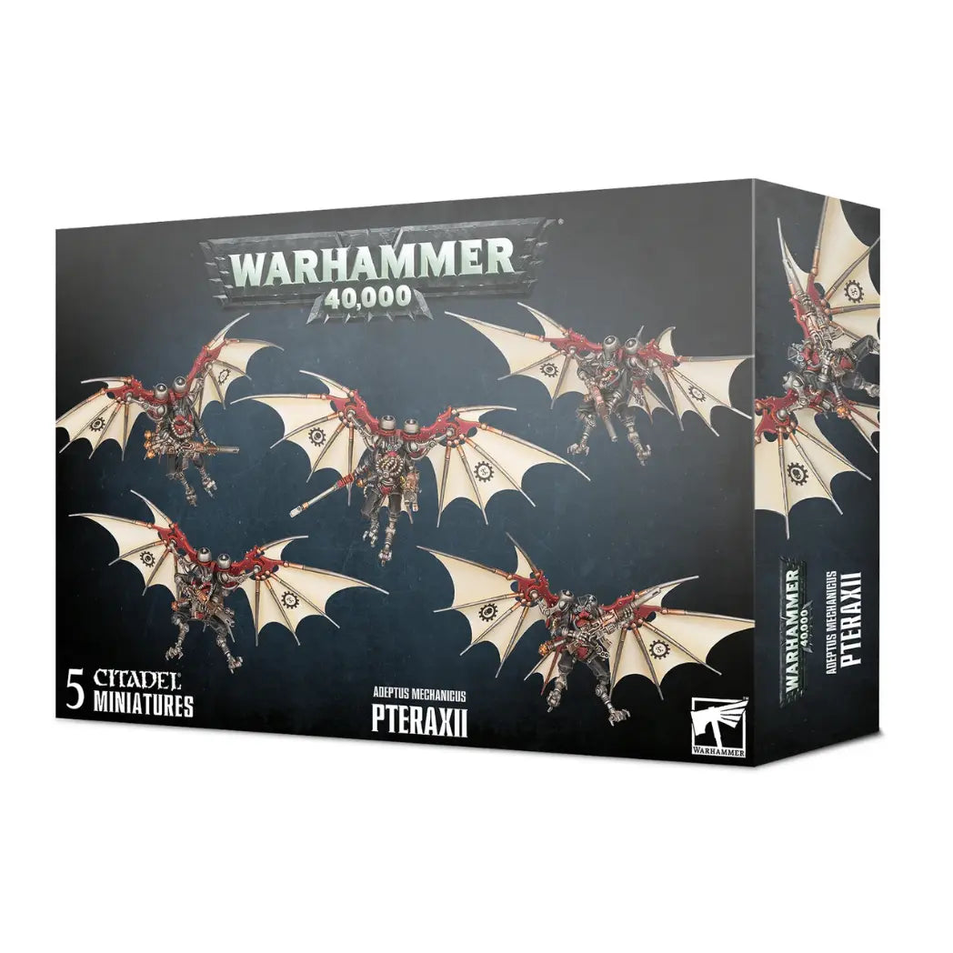 Warhammer 40k Adeptus Mechanicus Pteraxii Sterylizors box featuring cybernetic warriors with large mechanical wings and flamethrowers.