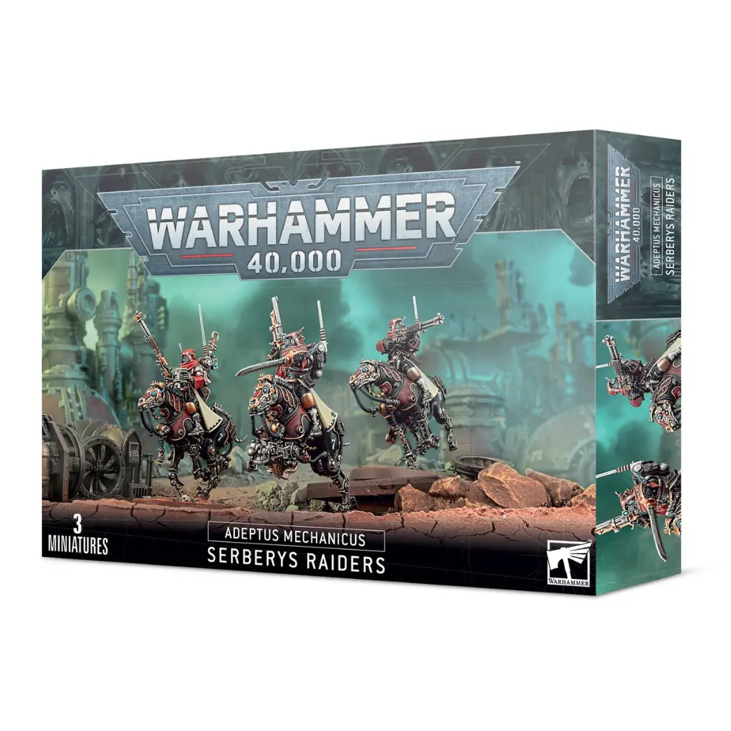 Warhammer 40k Adeptus Mechanicus Serberys Raiders box featuring three cavalry units in red robes riding cybernetic hounds.