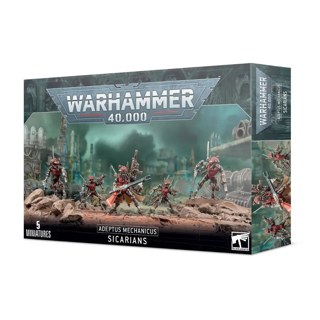 AWarhammer 40k adeptus Mechanicus Sicarians box featuring slender cybernetic assassins in red robes with long, spindly limbs and various melee weapons.