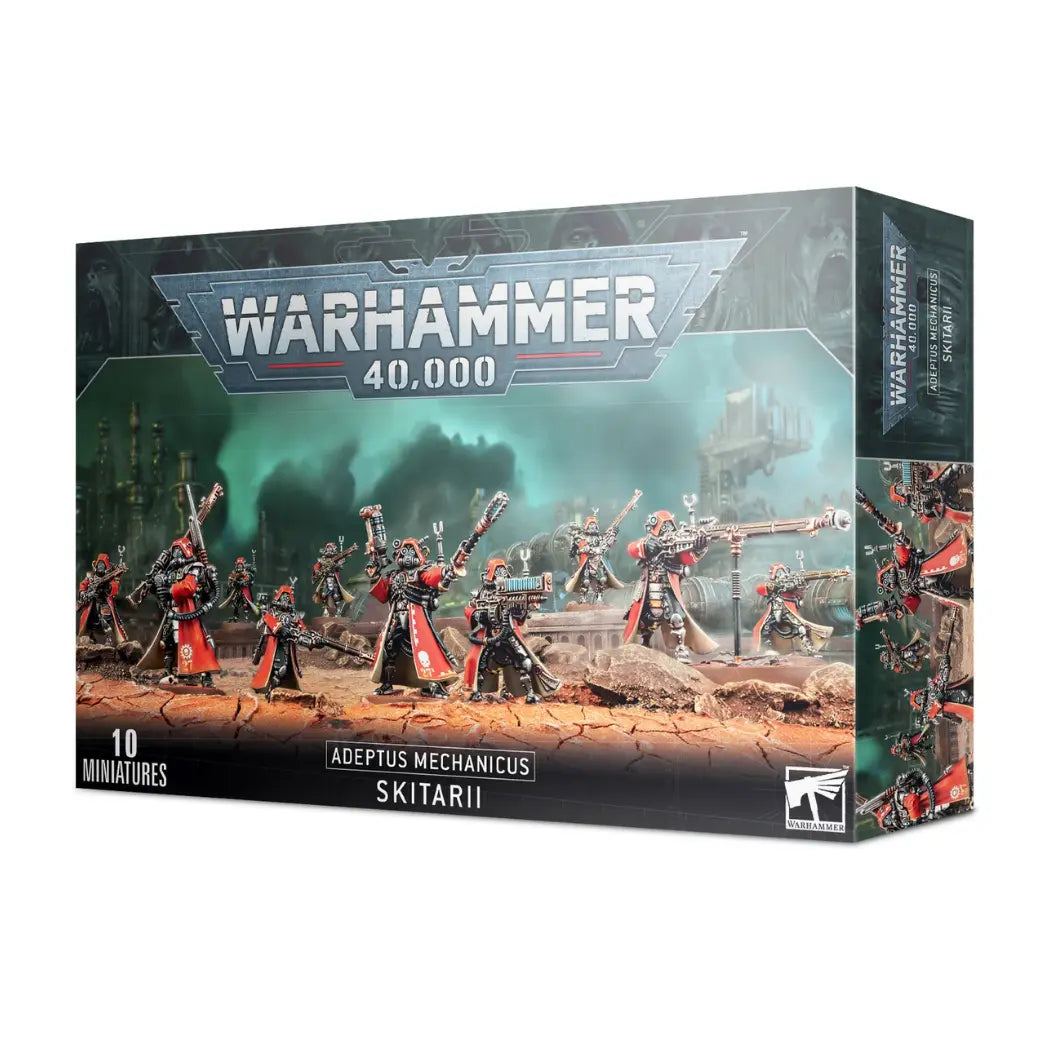 Warhammer 40k Adeptus Mechanicus Skitarii box featuring 10 warriors in red hooded cloaks with cybernetic enhancements and long rifles.