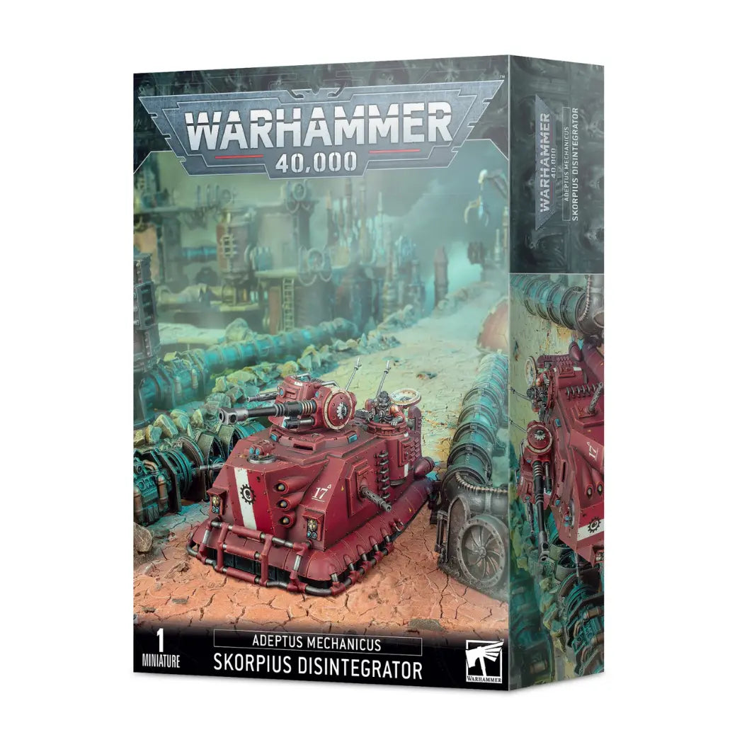 Warhammer 40k Adeptus Mechanicus Skorpius Disintegrator box featuring a red hover tank with a large turret-mounted energy cannon.