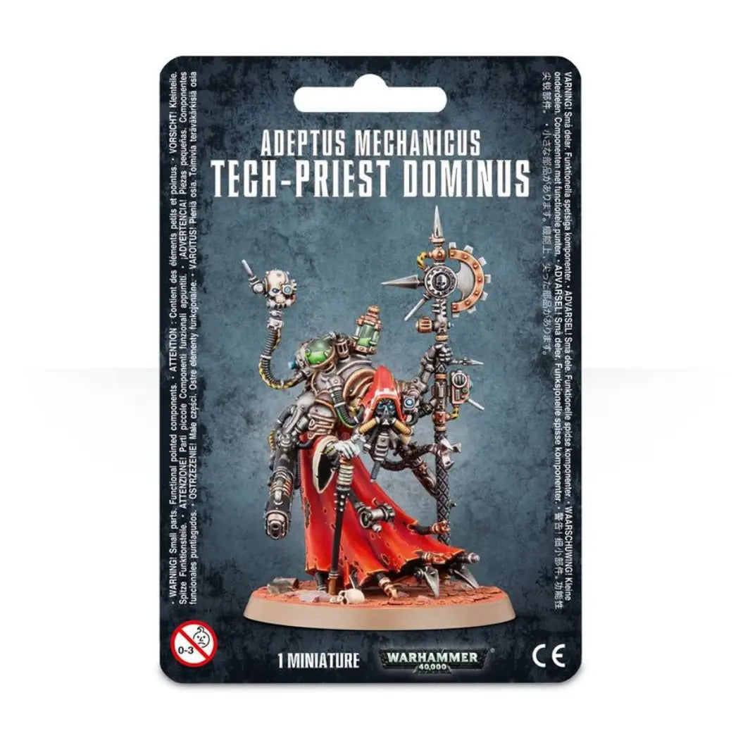 Warhammer 40k Adeptus Mechanicus Tech-Priest Dominus box featuring a hunched cybernetic figure in red robes holding a large ornate axe.