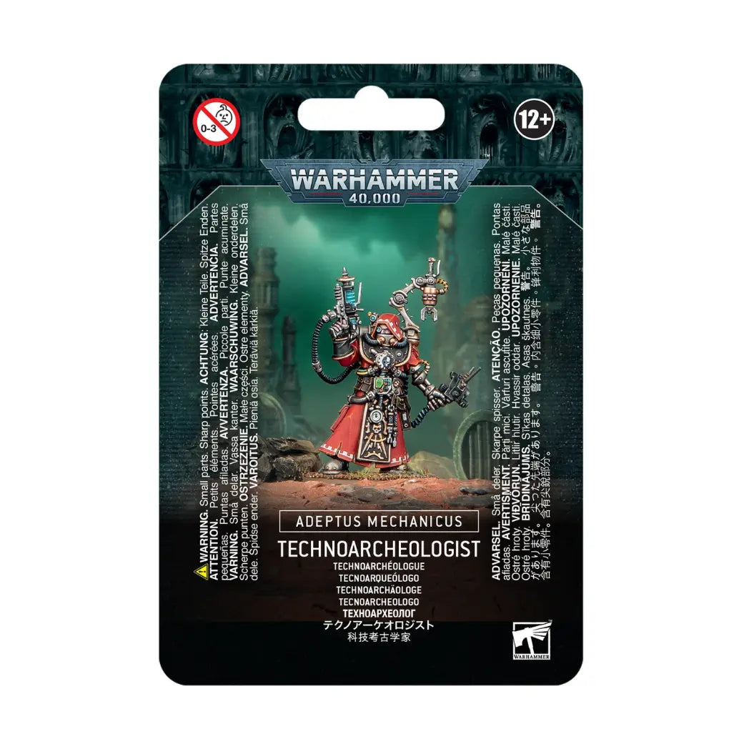 Warhammer 40k Adeptus Mechanicus Technoarcheologist blister pack featuring a character in red robes with various mechanical tools and sensors.
