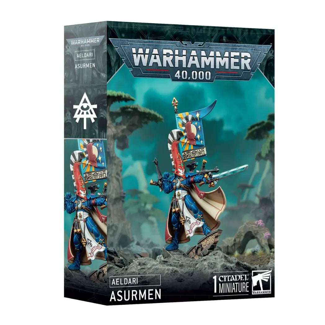 Warhammer 40k Aeldari Asurmen box featuring a blue-armored warrior with a tall red crest and a banner, wielding a shimmering power sword.
