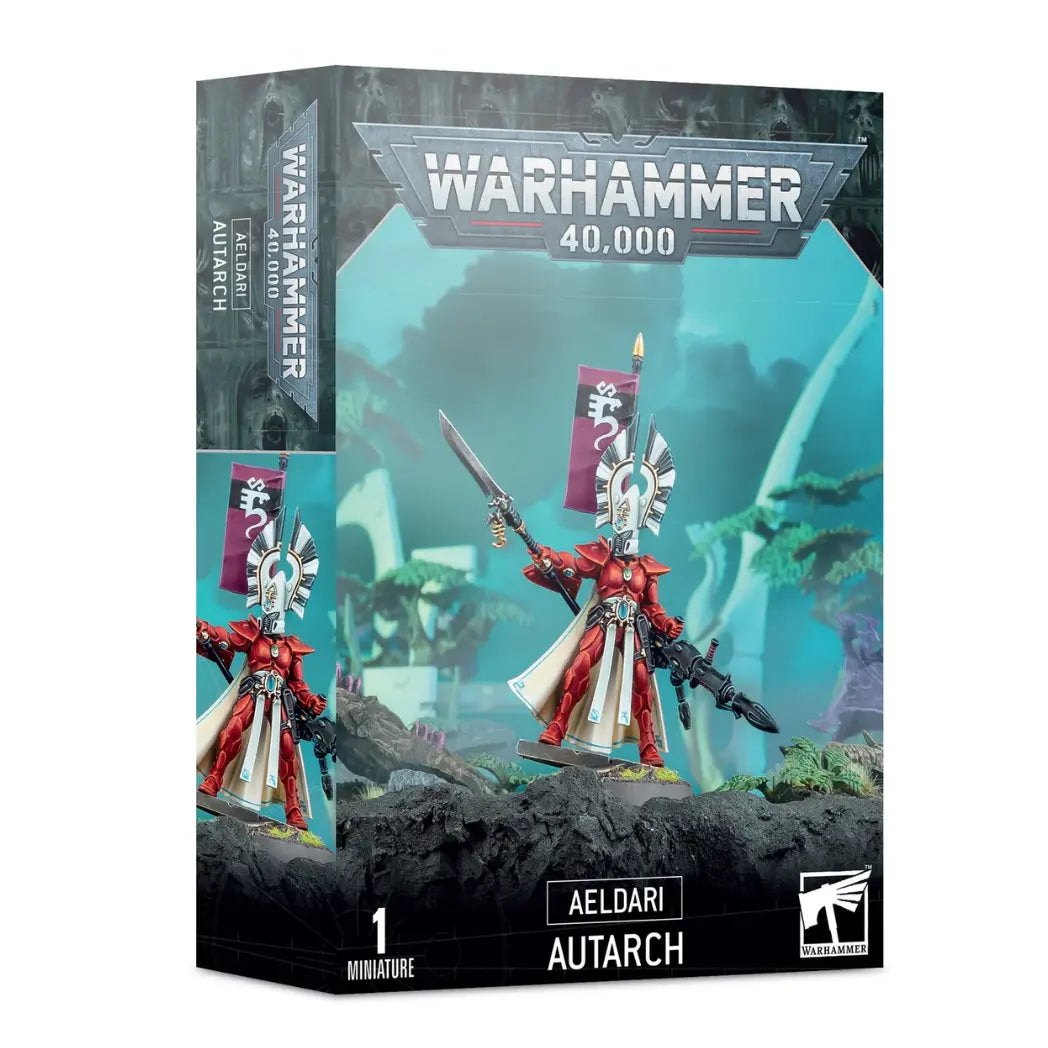 Warhammer 40k Aeldari Autarch box featuring a warrior in red armor and white robes with a tall crescent helm and purple banner.