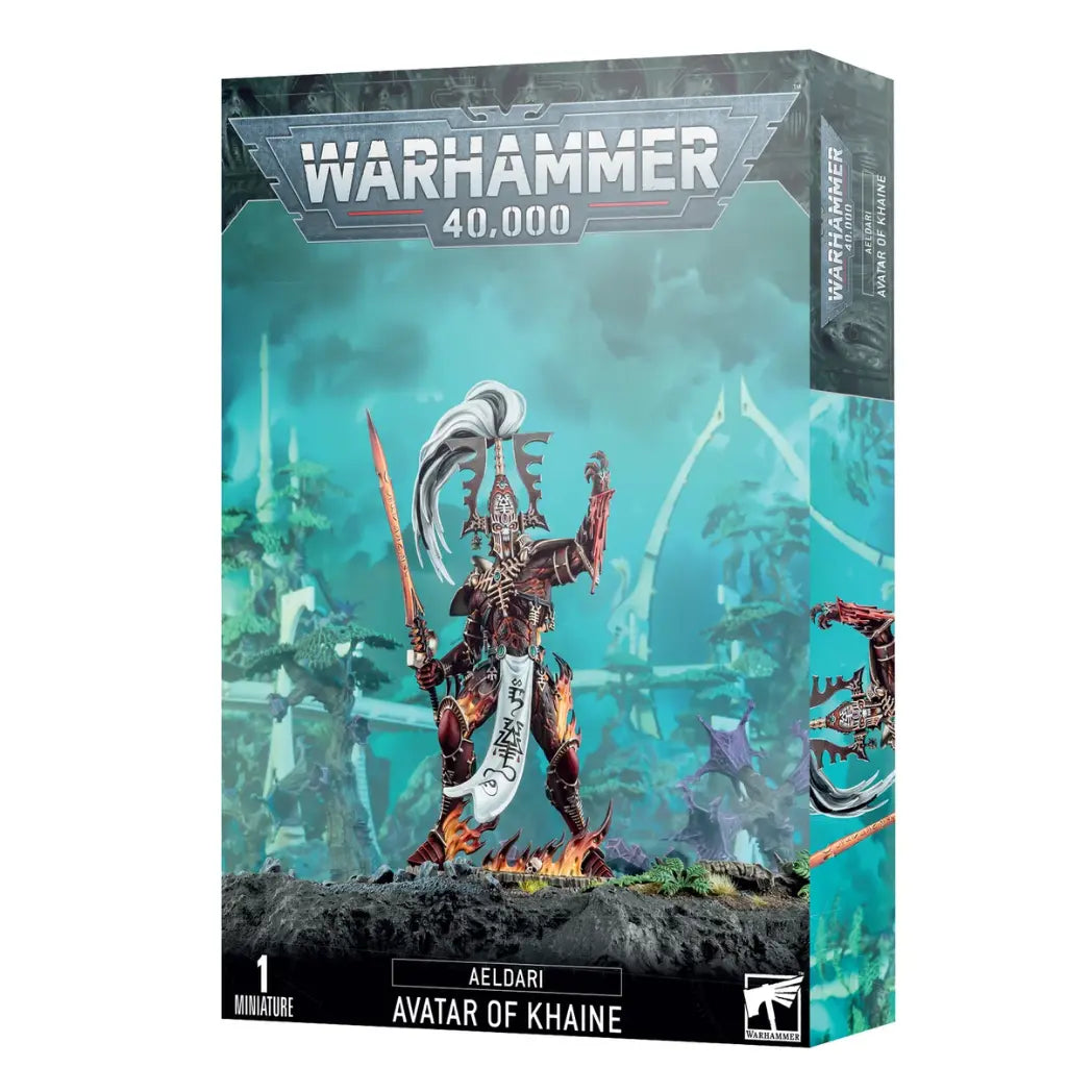 Warhammer 40k Aeldari Avatar of Khaine box featuring a towering molten figure with a fiery sword and bloody hand on a teal background.
