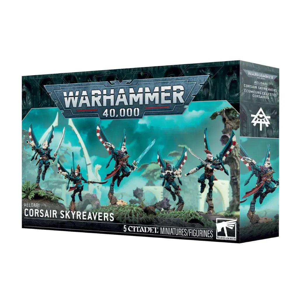 Warhammer 40k Aeldari Corsair Skyreavers box featuring warriors in dark armor and green capes with various high-tech weapons.
