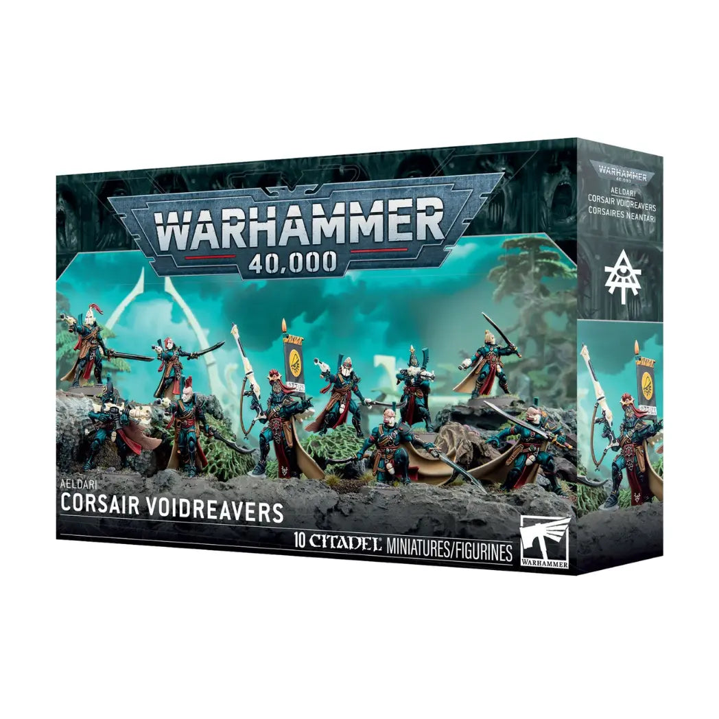 Warhammer 40k Aeldari Corsair Voidreavers box featuring agile warriors in dark blue and black armor with flowing green capes.
