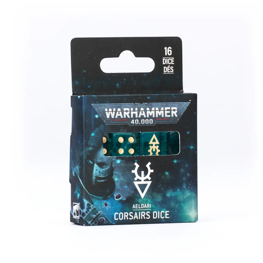 Warhammer 40k Aeldari Corsairs Dice box featuring sixteen teal dice with gold pips and a central Aeldari symbol.