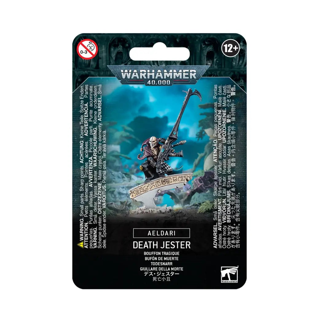 Warhammer 40k Aeldari Death Jester featuring a skeletal-masked harlequin with a giant shuriken cannon on a teal background.