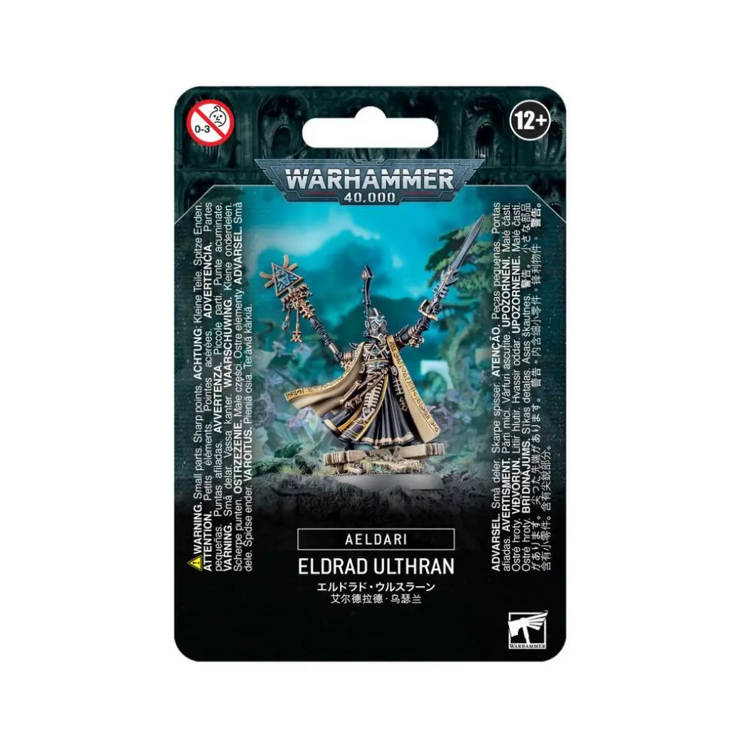 Warhammer 40k Aeldari Eldrad Ulthran blister pack featuring a Farseer in black and gold robes wielding a staff and a sword.