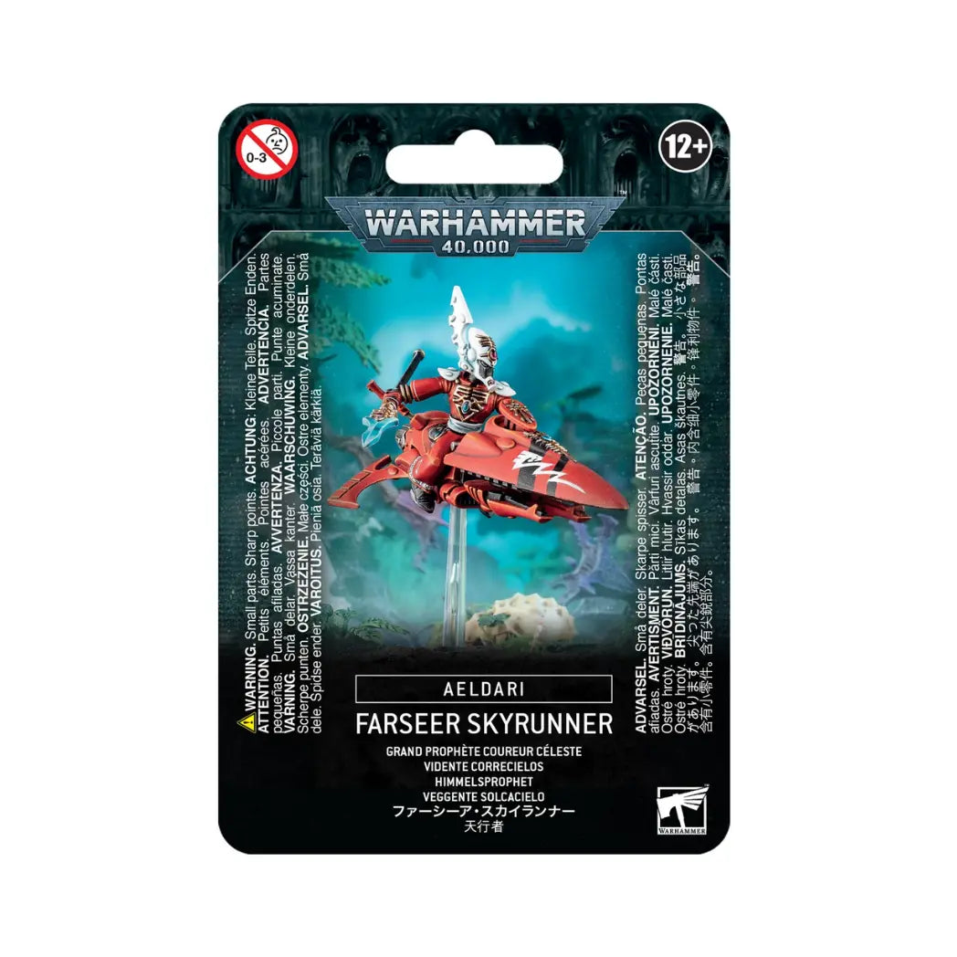 Aeldari Farseer Skyrunner box featuring a warrior in white and blue robes riding a sleek jetbike, wielding a singing spear.