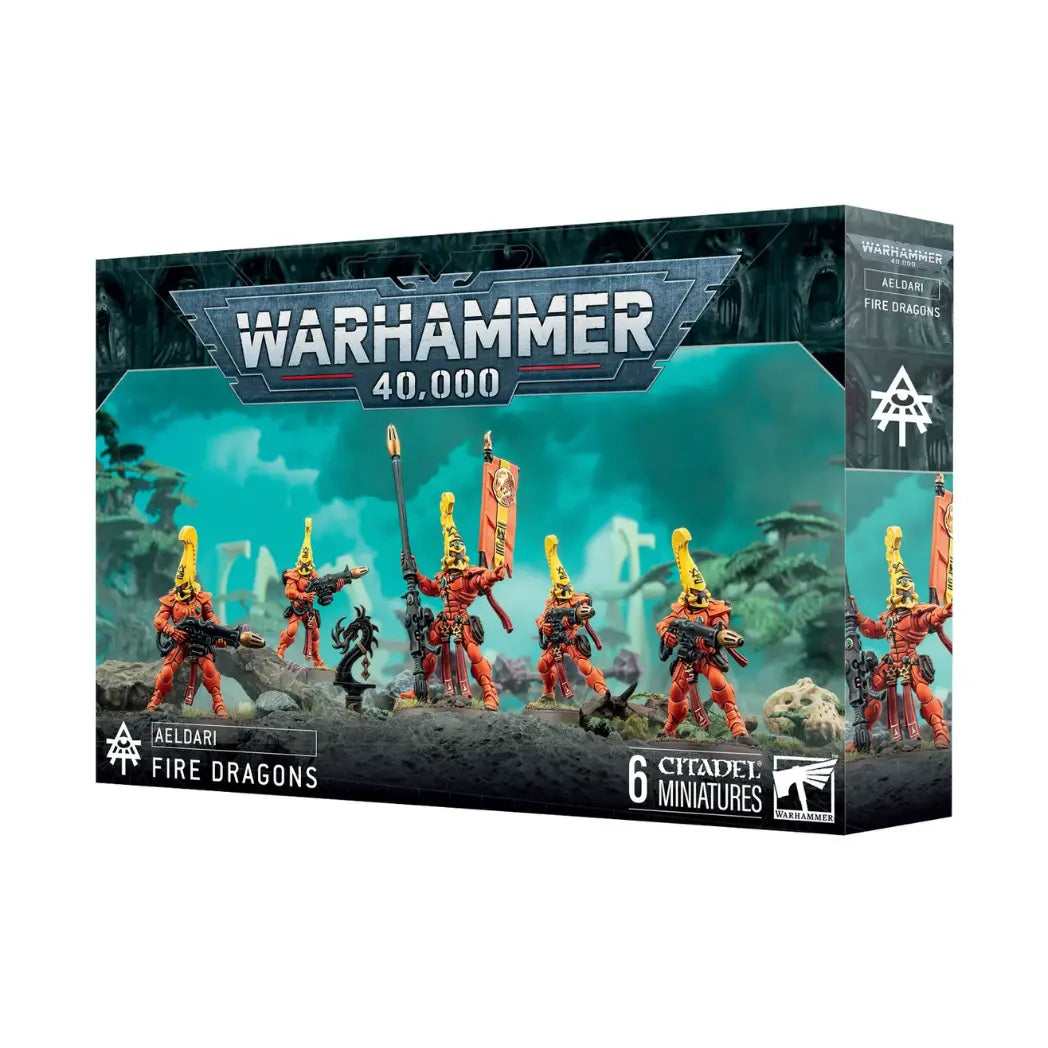 Aeldari Fire Dragons box featuring warriors in bright orange and yellow armor wielding fusion guns on a teal background.