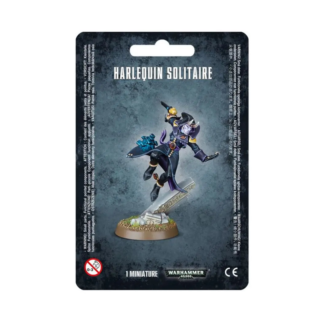 Warhammer 40k Harlequin Solitaire featuring a dynamic masked figure in a dark purple and black coat leaping off a stone ruin.