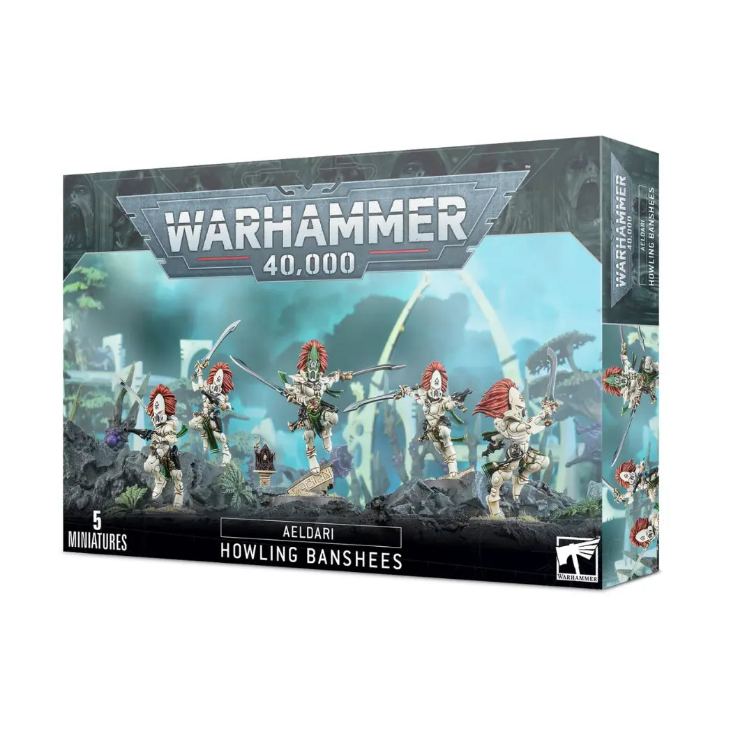 Aeldari Howling Banshees box featuring warriors in bone-colored armor with red manes wielding power swords.