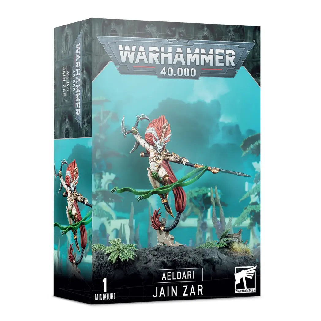 Aeldari Jain Zar box featuring an agile warrior with a tall red mane, wielding a polearm and a curved throwing blade.