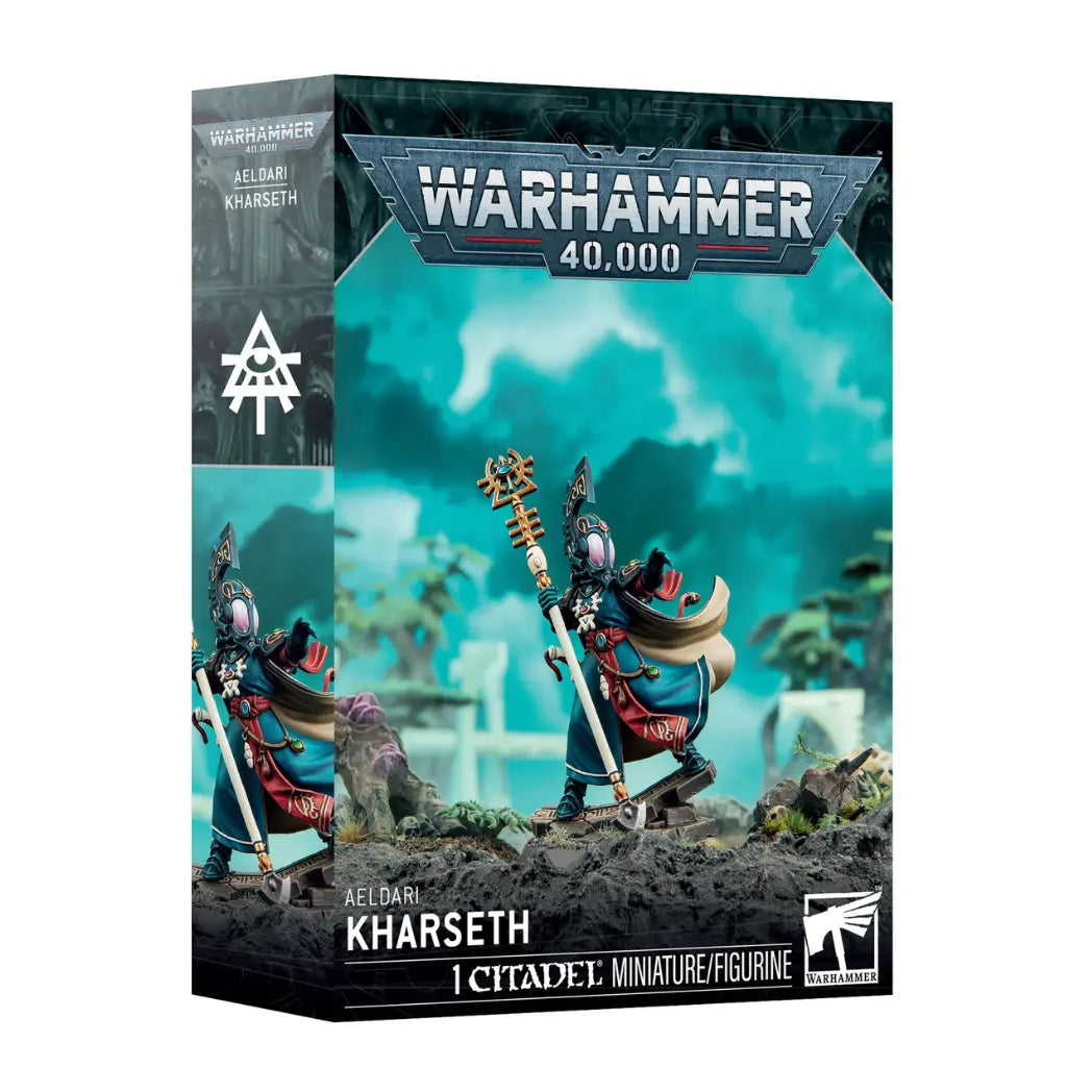 Aeldari Kharseth the Mindstealer box featuring a blue-armored warrior with a spiked helm, wielding a long power blade.