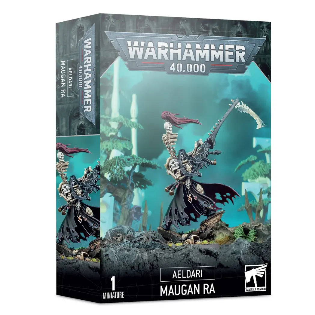 Aeldari Maugan Ra box featuring a skeletal warrior in dark armor wielding a massive scythe-like shuriken cannon.