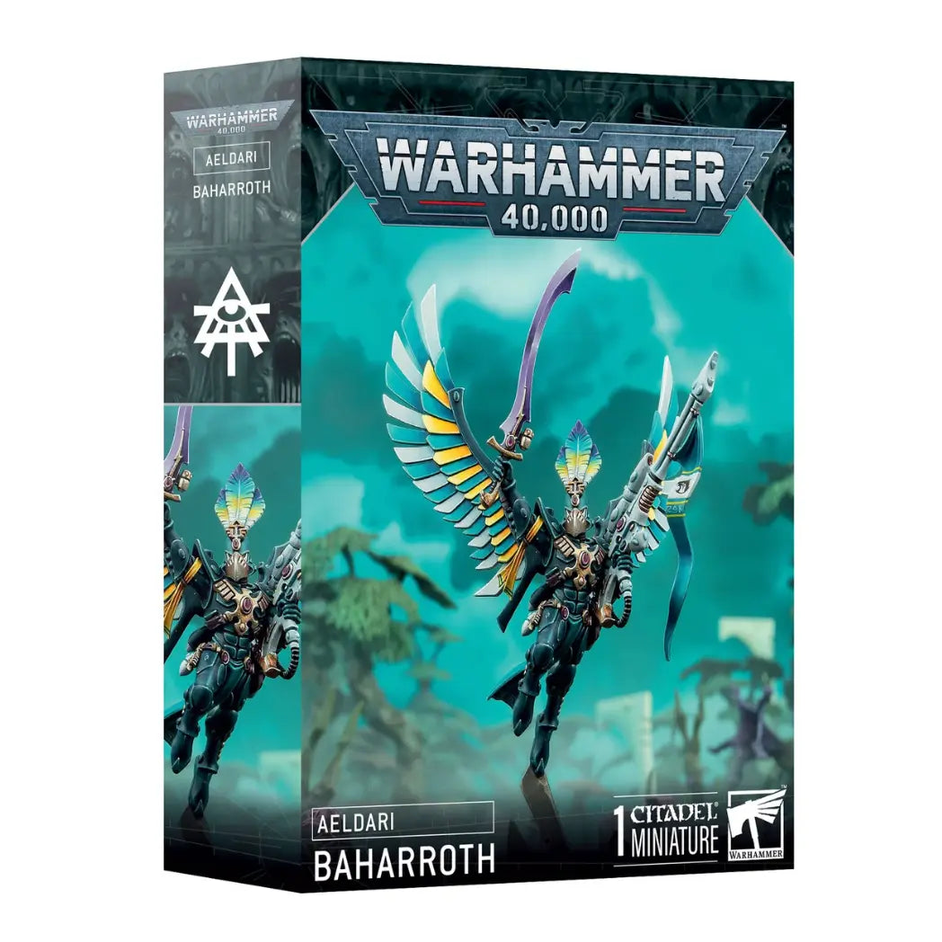 Aeldari Baharroth box featuring a winged warrior in teal armor with vibrant yellow and blue feathers, holding a curved sword.