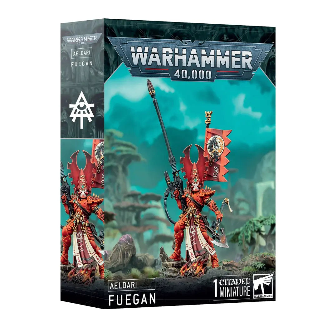 Aeldari Fuegan box featuring a warrior in fire-orange armor with a large red crest, carrying a long pike and a dragon banner.