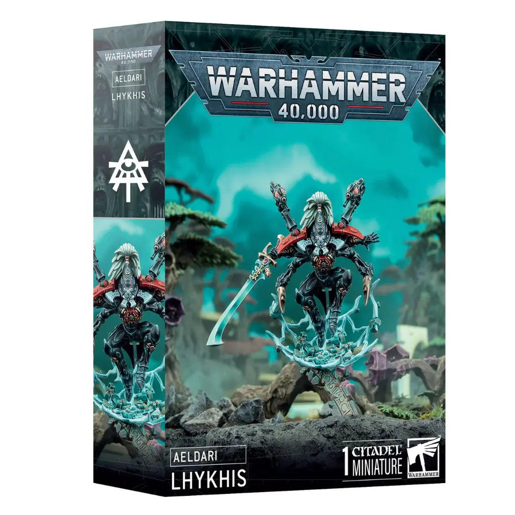 Warhammer 40k Aeldari Phoenix Lord Lhykhis box featuring a dark-armored warrior with four arms and a white mane atop energy arcs.