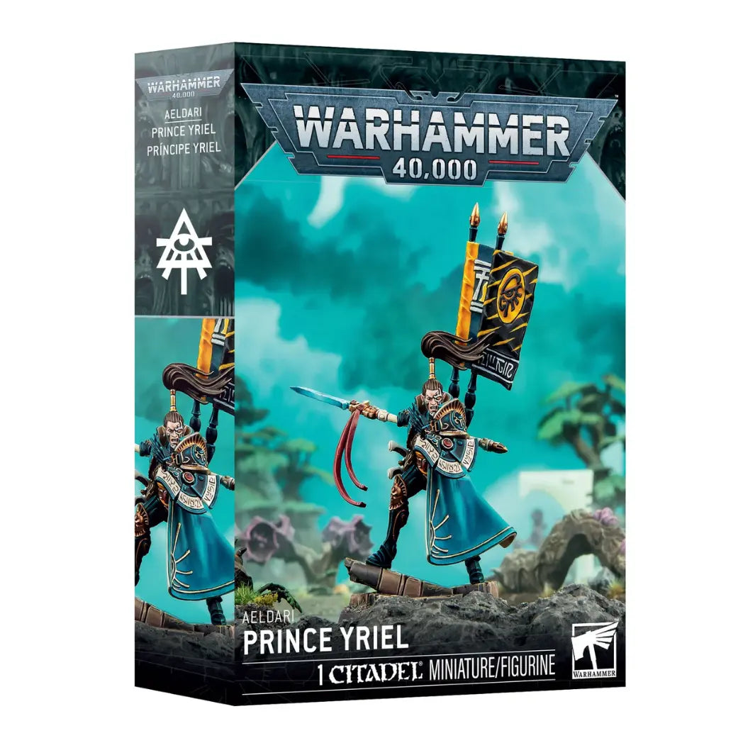 Warhammer 40k Aeldari Prince Yriel box featuring a warrior in a teal cloak with a black and yellow banner, wielding a spear.