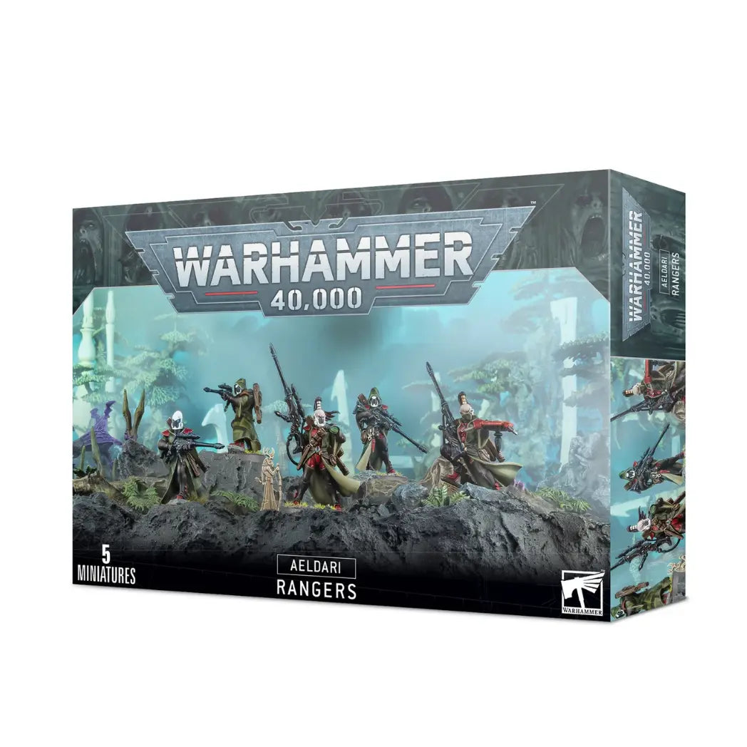Warhammer 40k aeldari Rangers box featuring five scouts in mesh armor and camo cloaks wielding long rifles on a teal background.