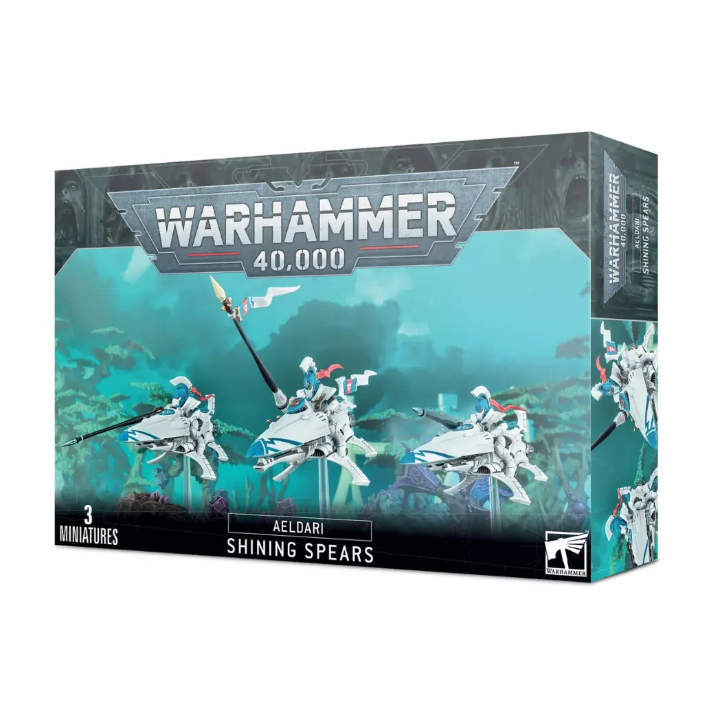 Warhammer 40k Aeldari Shining Spears box featuring three warriors in white and blue armor riding jetbikes and wielding long laser lances.