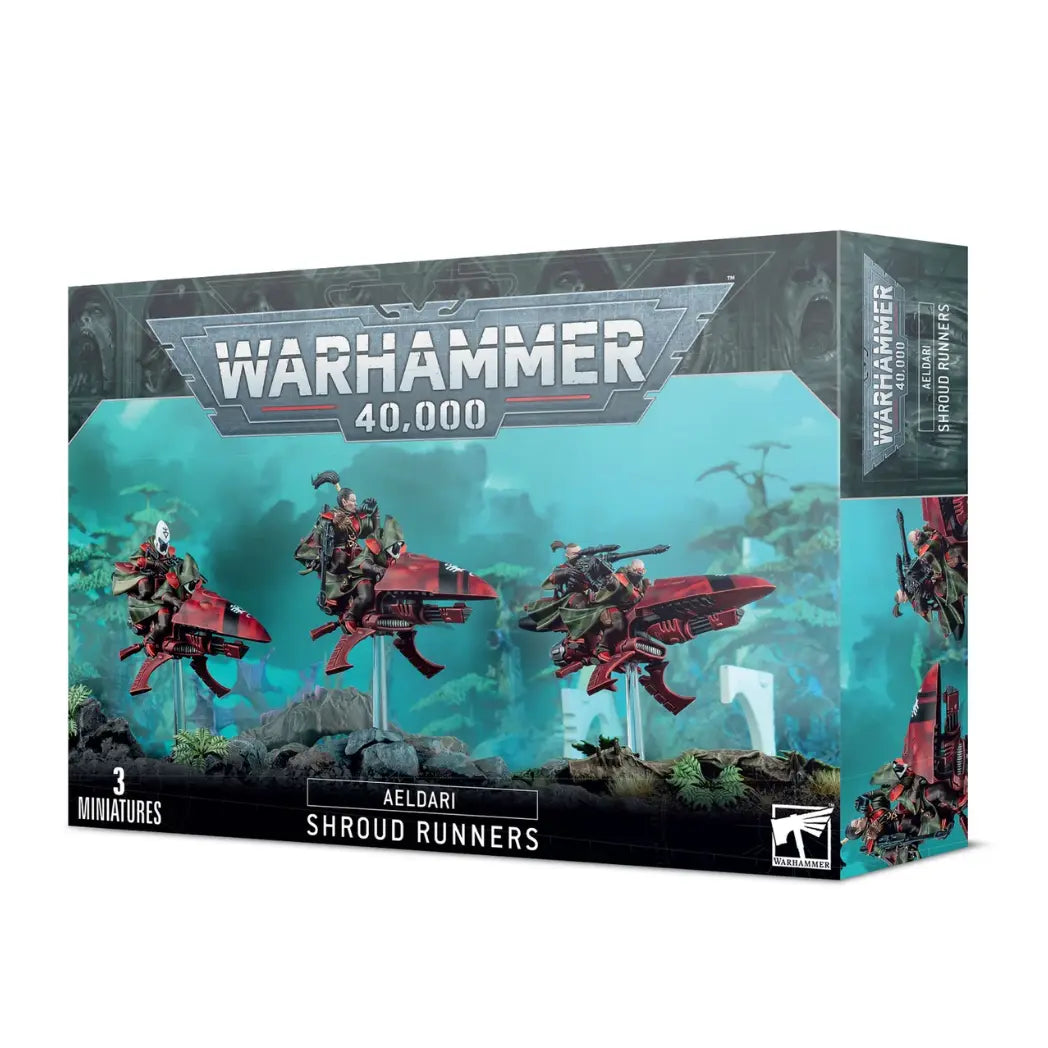 Aeldari Shroud Runners box featuring three two-man crews riding red jetbikes with camouflage cloaks on a teal background.