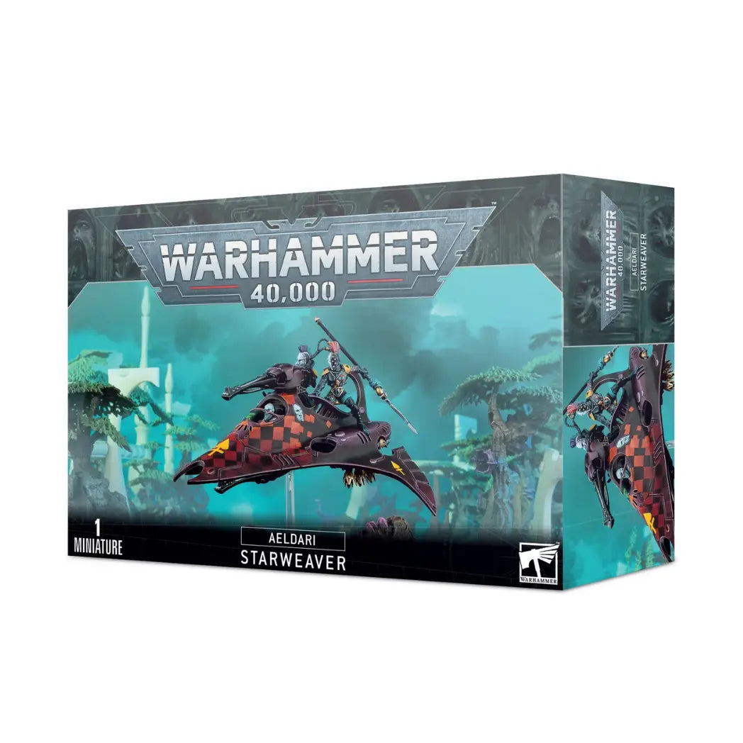Warhammer 40k Aeldari Starweaver box featuring a dark purple and orange checkered transport craft with Harlequin crew members.