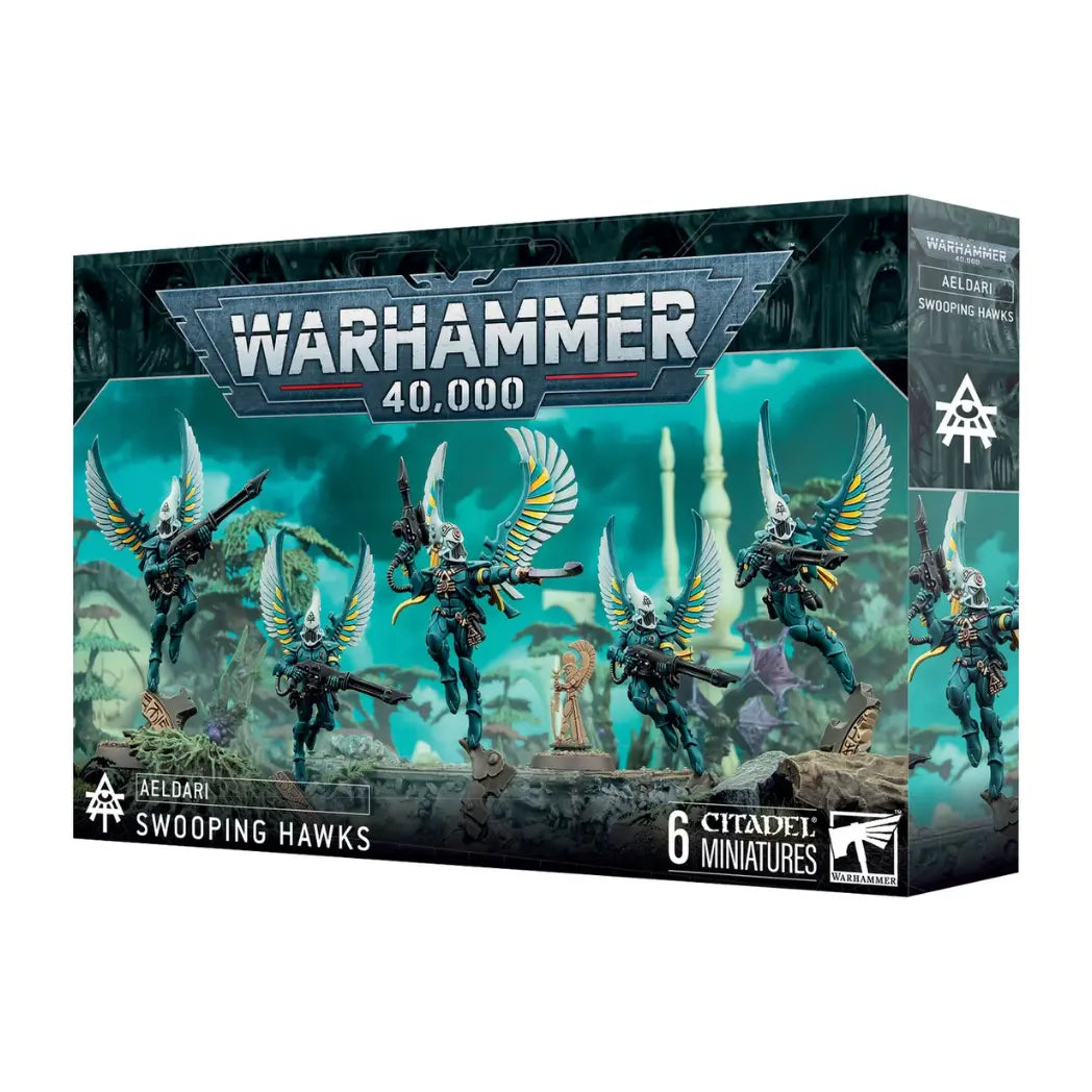 Aeldari Swooping Hawks box featuring five winged warriors in teal armor with white and blue feathers on a teal background.