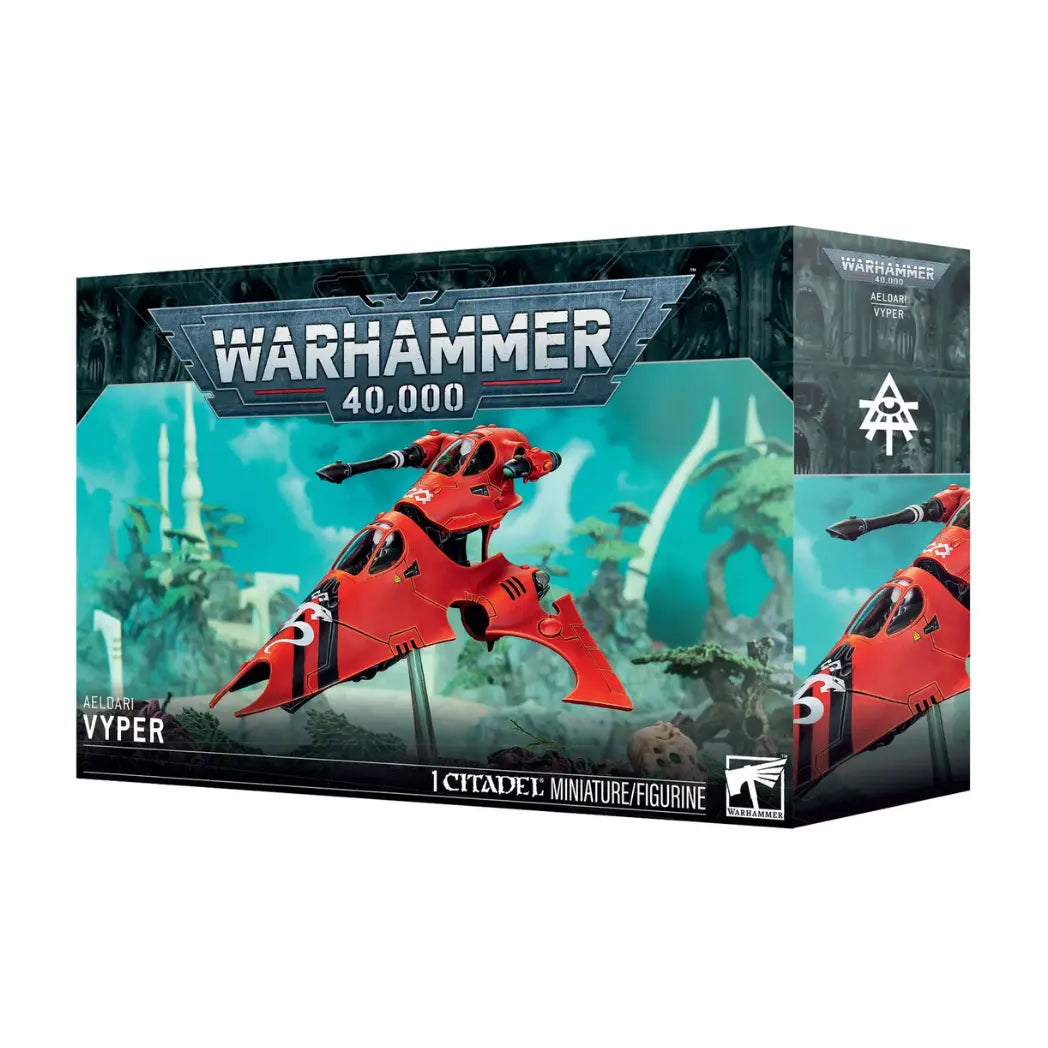 Aeldari Vyper box featuring a sleek red jetbike with black racing stripes and a rear-mounted heavy weapon.