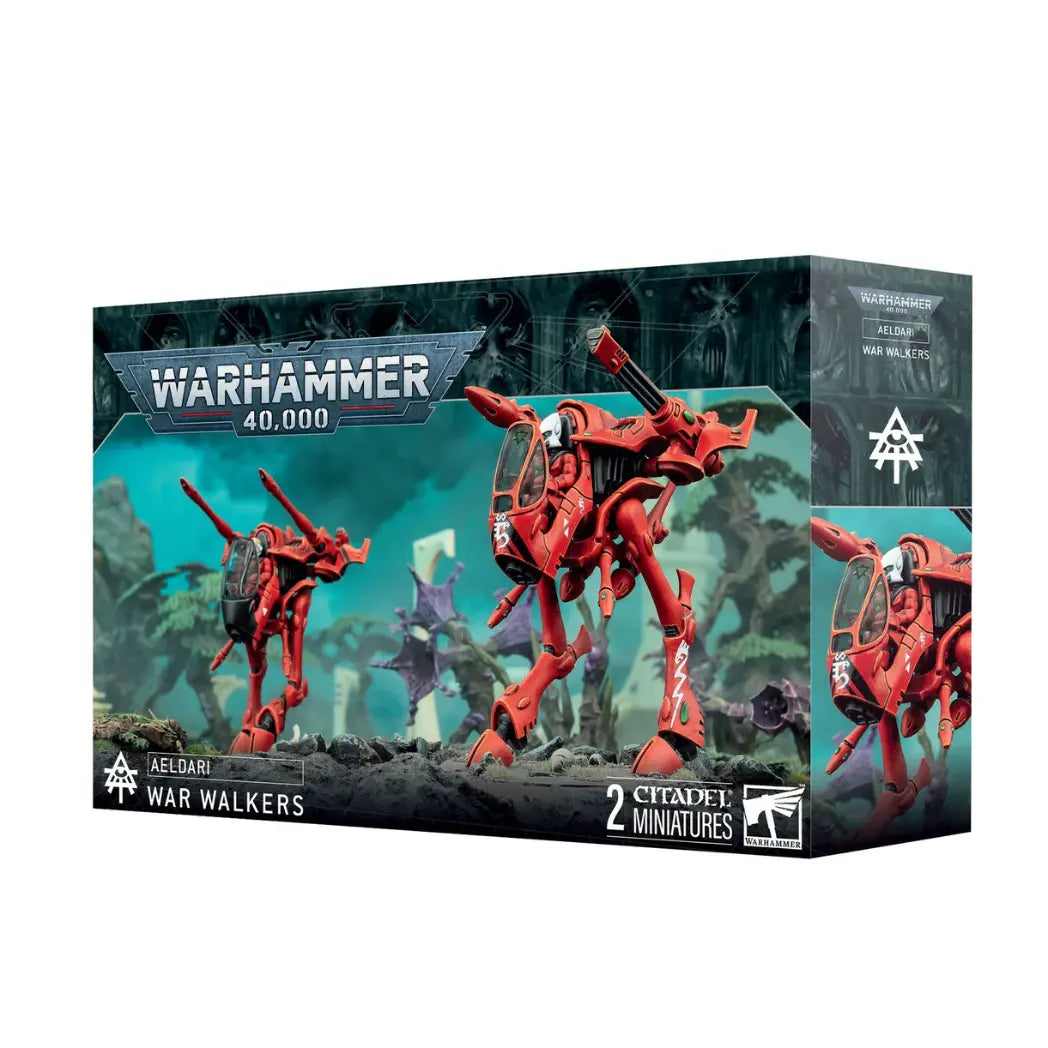 Warhammer 40k Aeldari War Walkers box featuring two red bipedal scout walkers with glass cockpits and top-mounted heavy weapons.