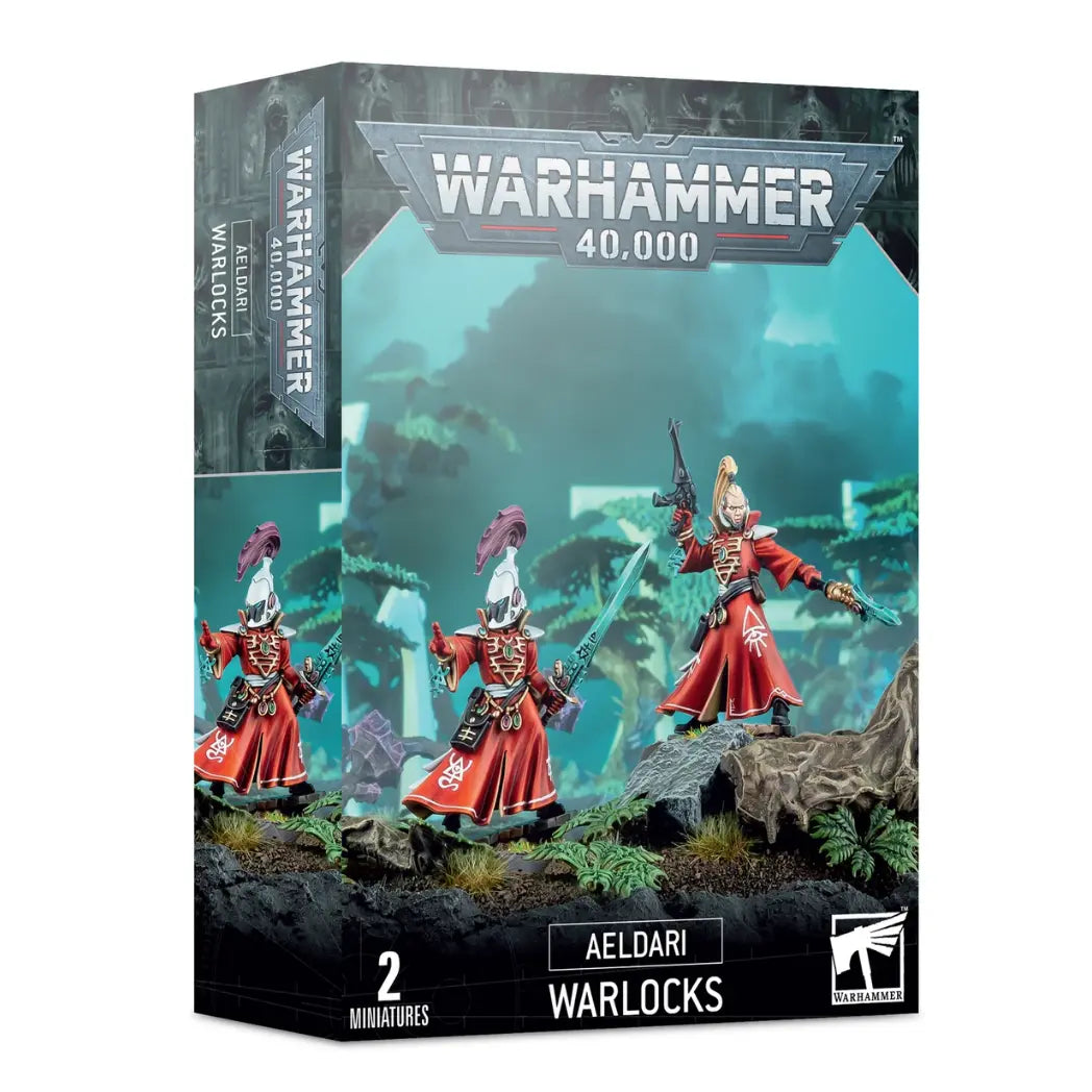 Warhammer 40k Aeldari Warlocks box featuring two psychics in long red robes, one with a white helm and one with a blonde topknot.
