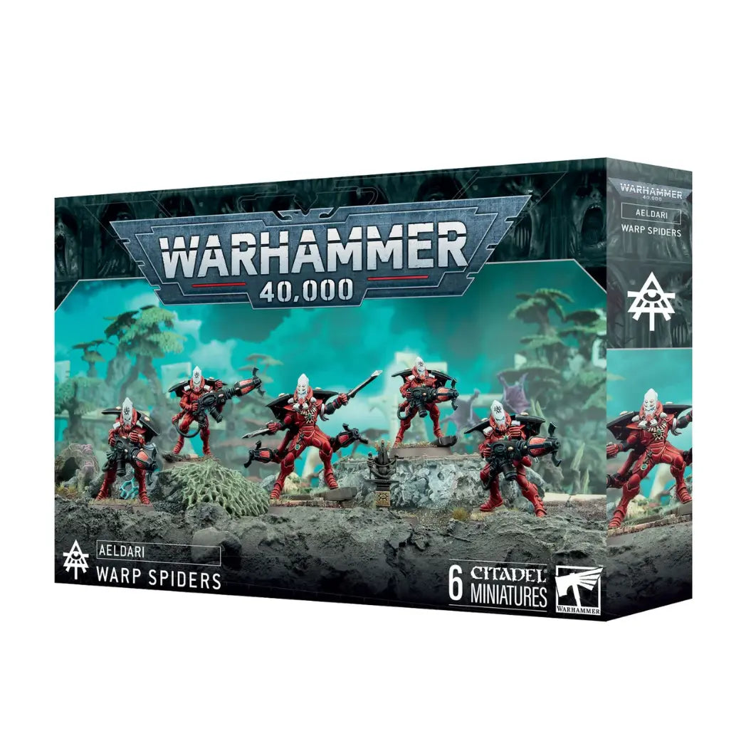Warhammer 40k Aeldari Warp Spiders box featuring six warriors in red armor with white helms and bulky warp-generator backpacks.