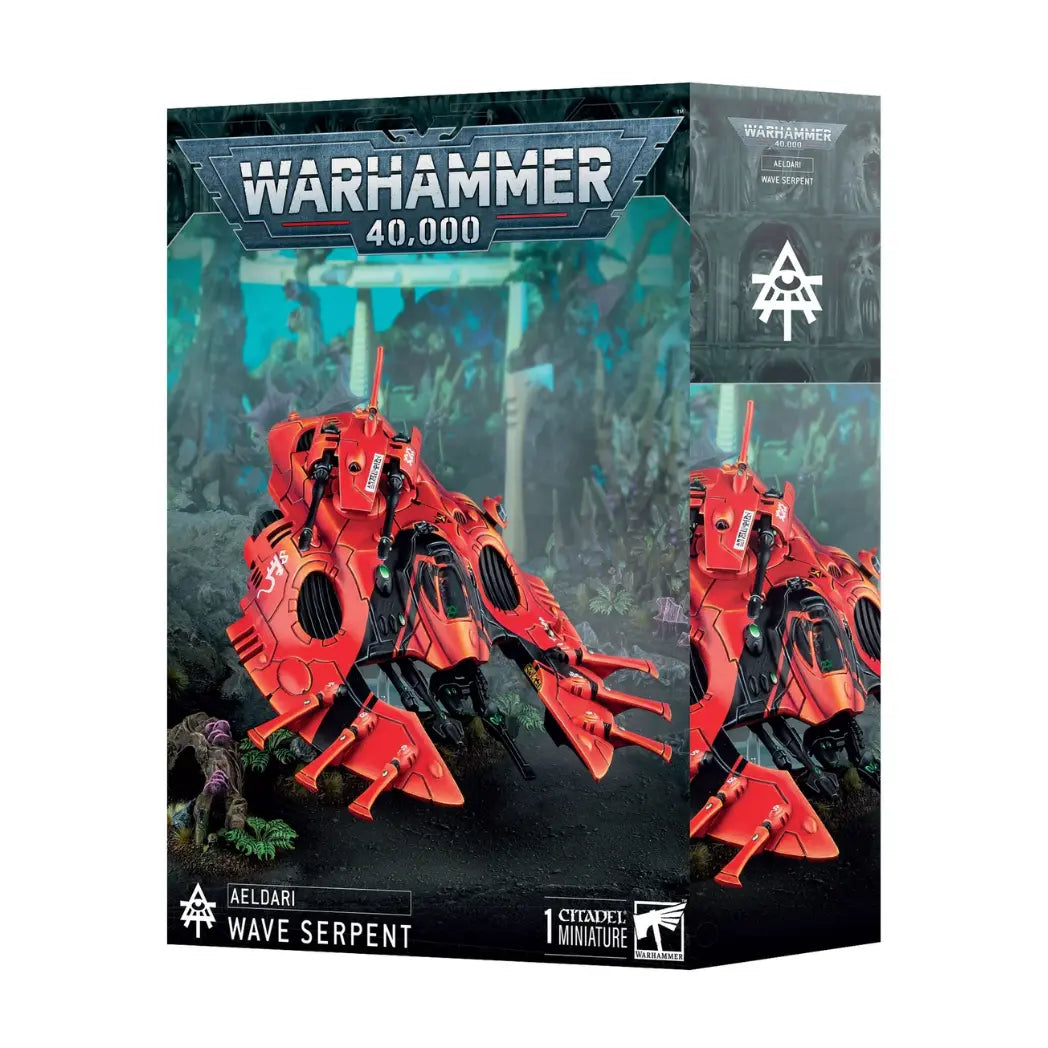 Warhammer 40k Aeldari Wave Serpent box featuring a sleek red grav-tank with twin-linked turret weapons on a teal background.