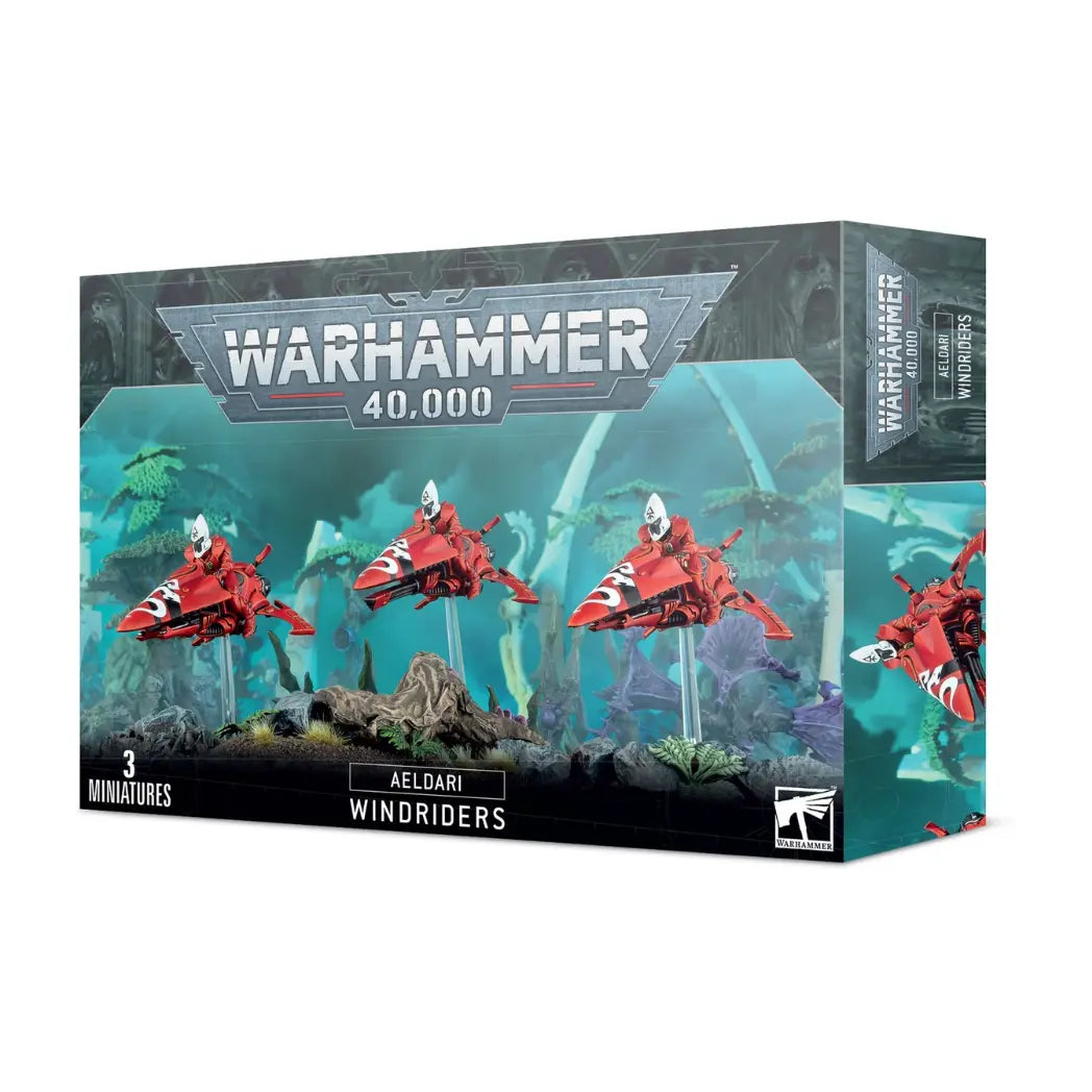 Warhammer 40k aeldari Windriders box featuring three red jetbikes with white-helmed riders on a teal and green forest background.