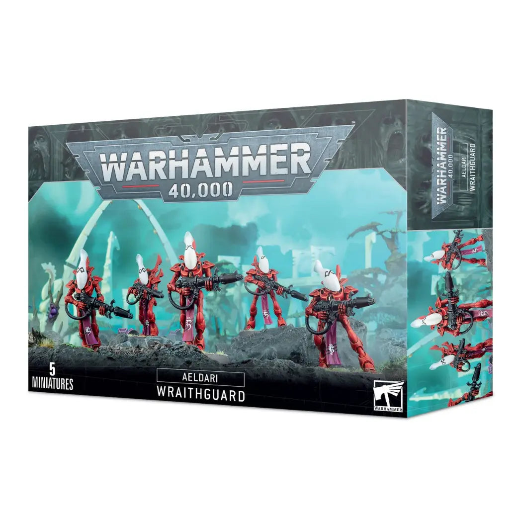 Warhammer 40k Aeldari Wraithguard box featuring five tall constructs in red armor with smooth white heads, wielding heavy black cannons.