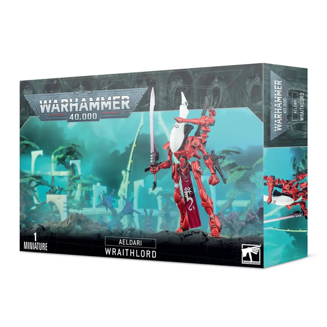 Warhammer 40k Aeldari Wraithlord box featuring a giant red construct with a smooth white head, holding a massive curved sword.