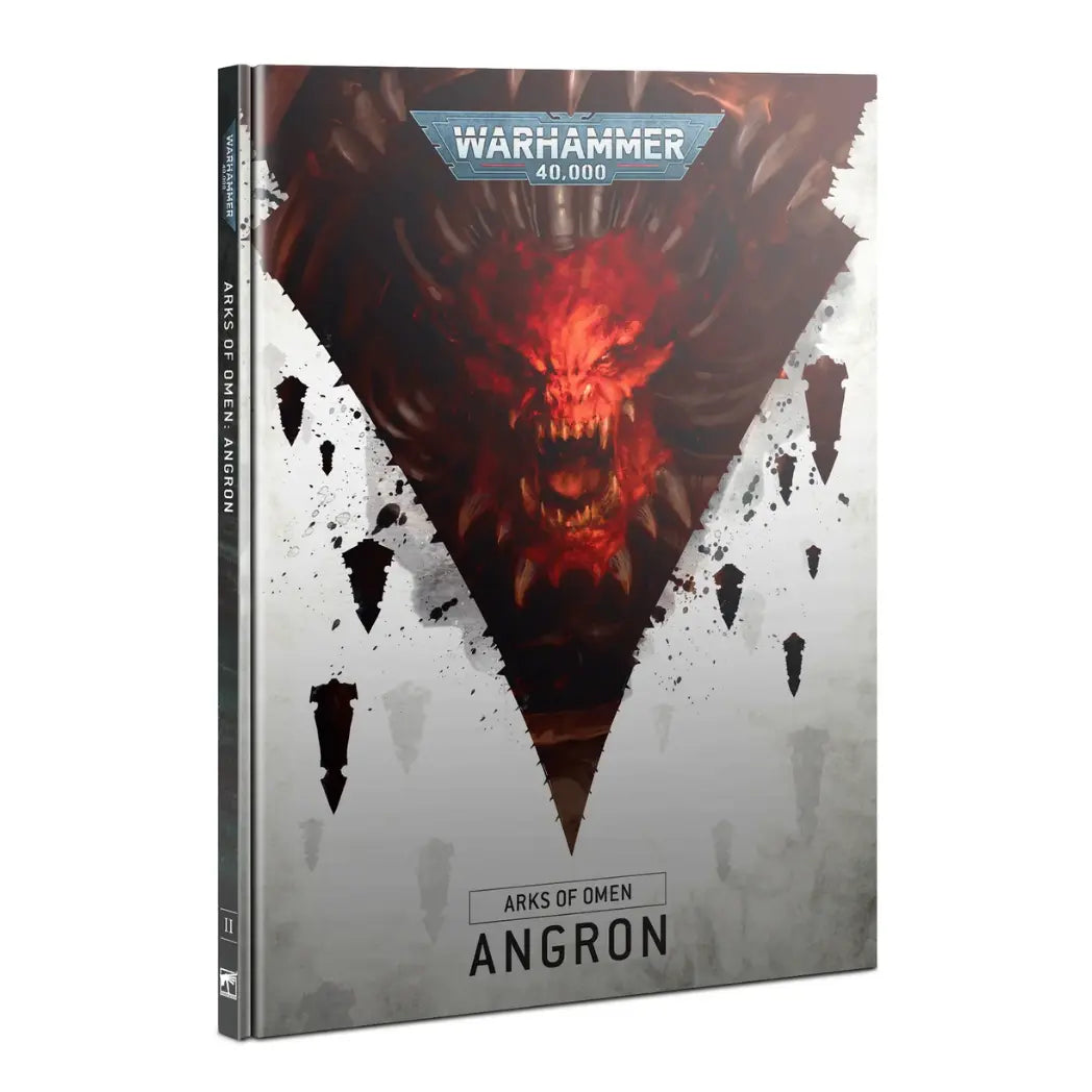 Warhammer 40,000 Arks of Omen Angron book featuring a ferocious red demonic face framed by a sharp black triangle.