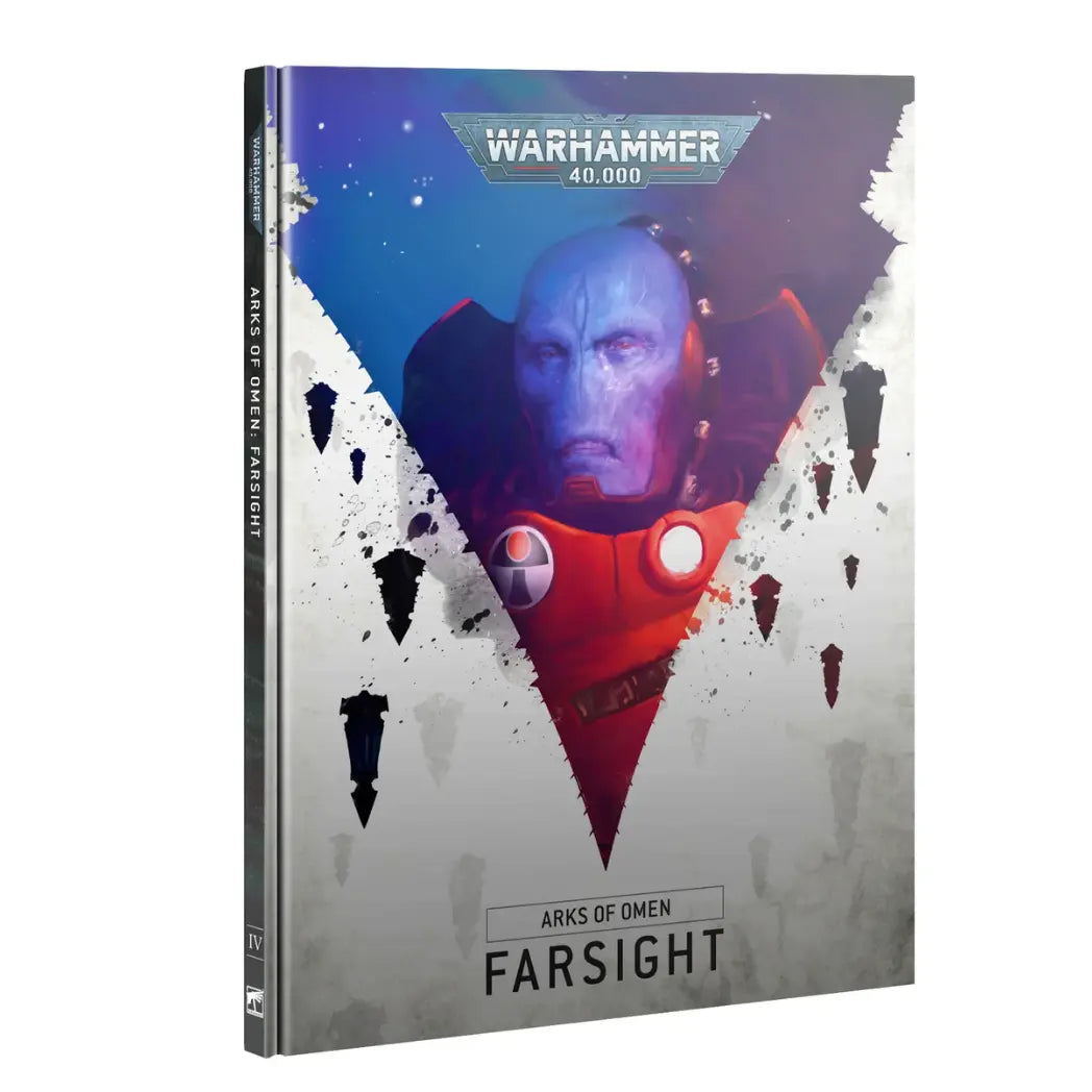 Warhammer 40,000 Arks of Omen Farsight book featuring a red-armored warrior with a glowing shield and sword.