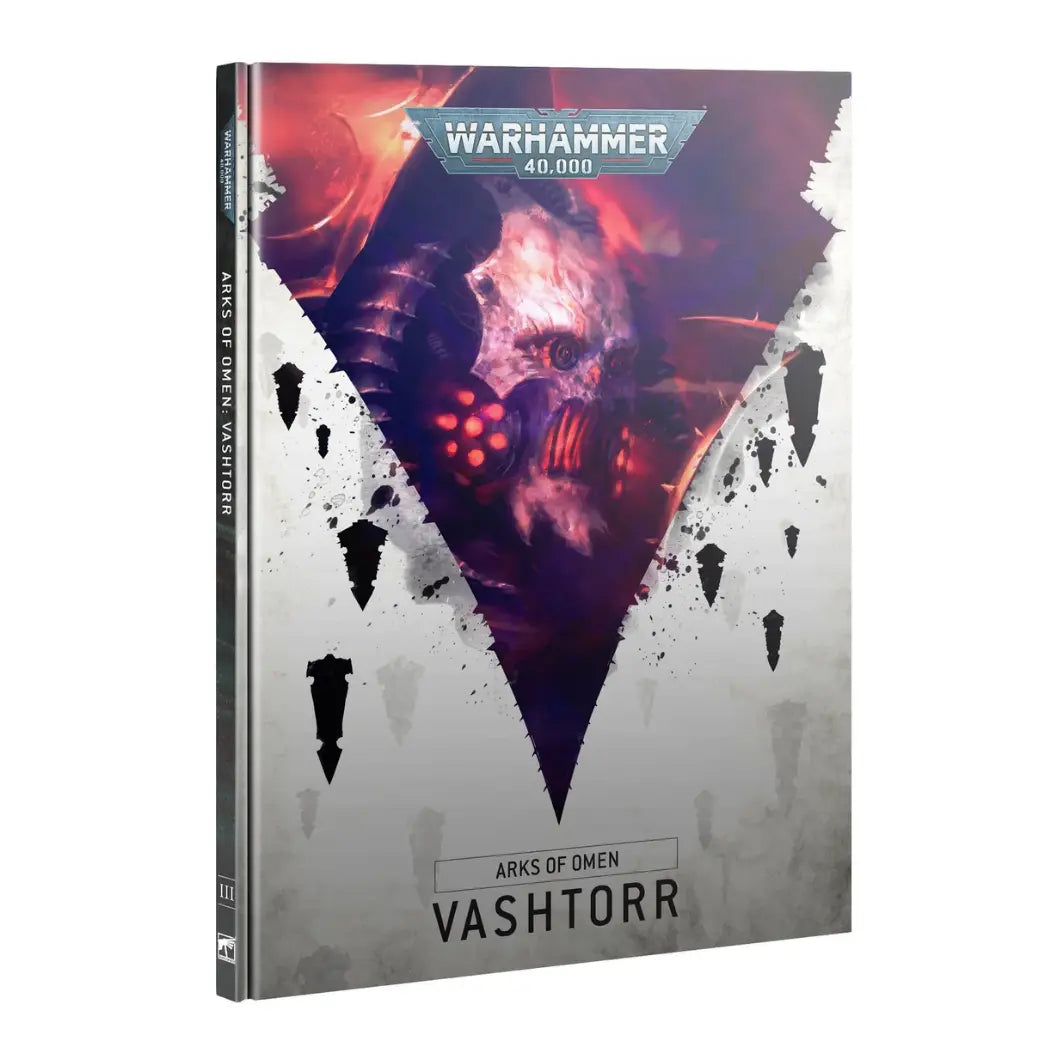 Arks of Omen Vashtorr book featuring a mechanical demonic face with glowing red eyes framed by a black triangle.