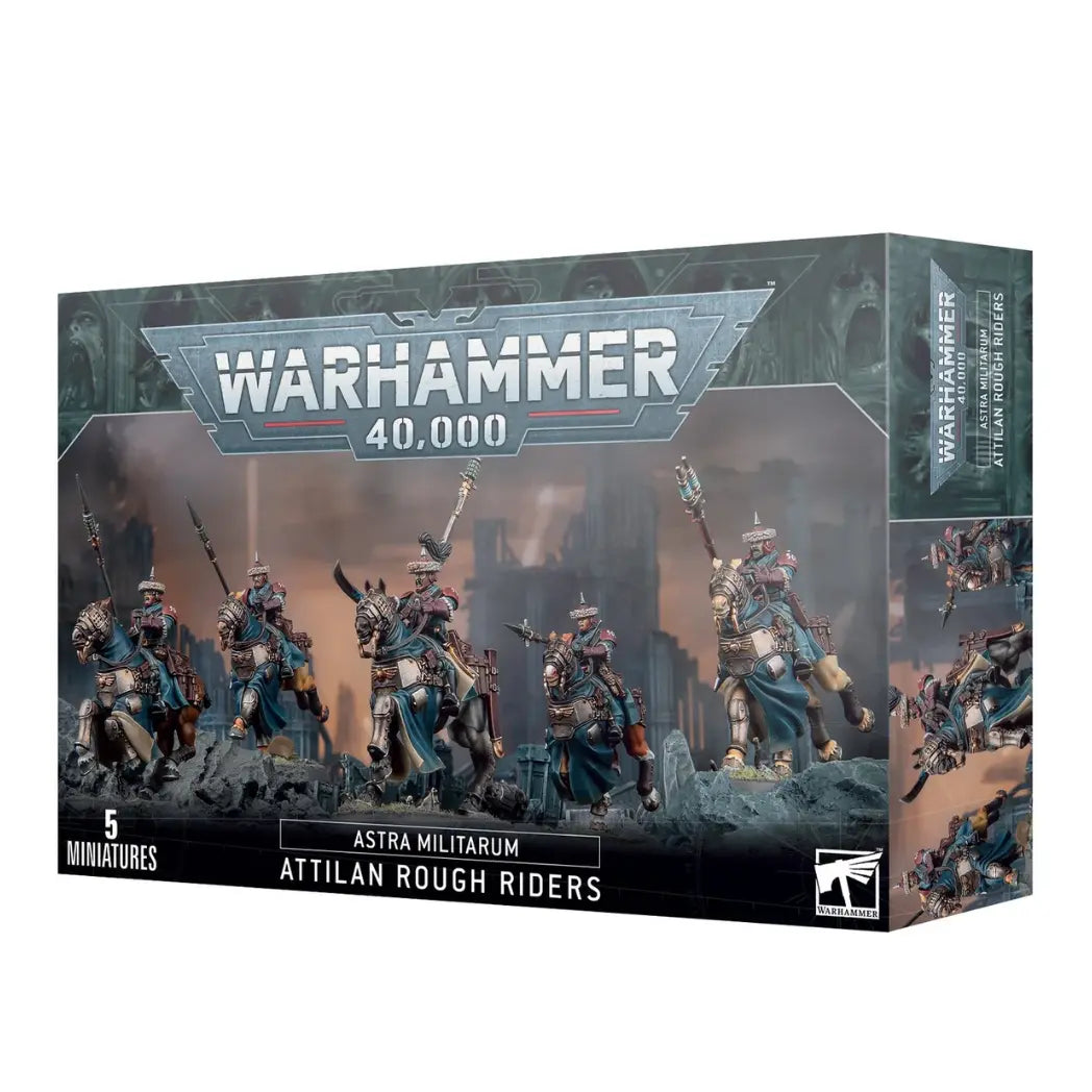 Warhammer 40k Astra Militarum Attilan Rough Riders box featuring five soldiers in teal uniforms charging on armored horses with explosive lances.