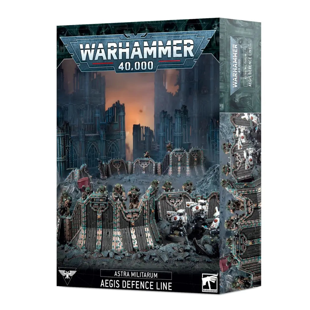 warhammer 40k Astra Militarum Aegis Defence Line box featuring modular metallic barricades and a central automated weapon platform.