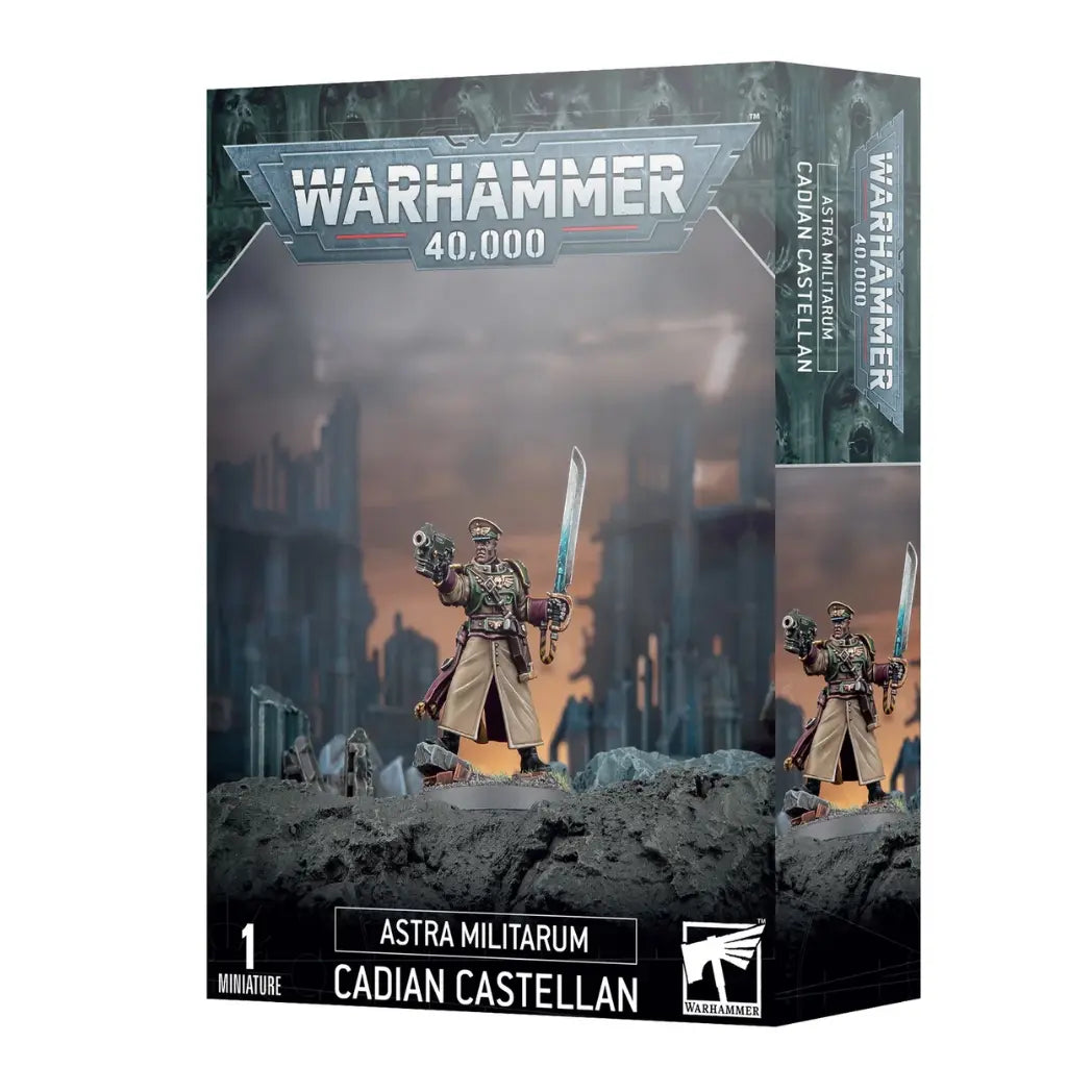 Warhammer 40k Astra Militarum Cadian Castellan in a tan greatcoat holding a bolt pistol and a glowing power sword amidst urban ruins.