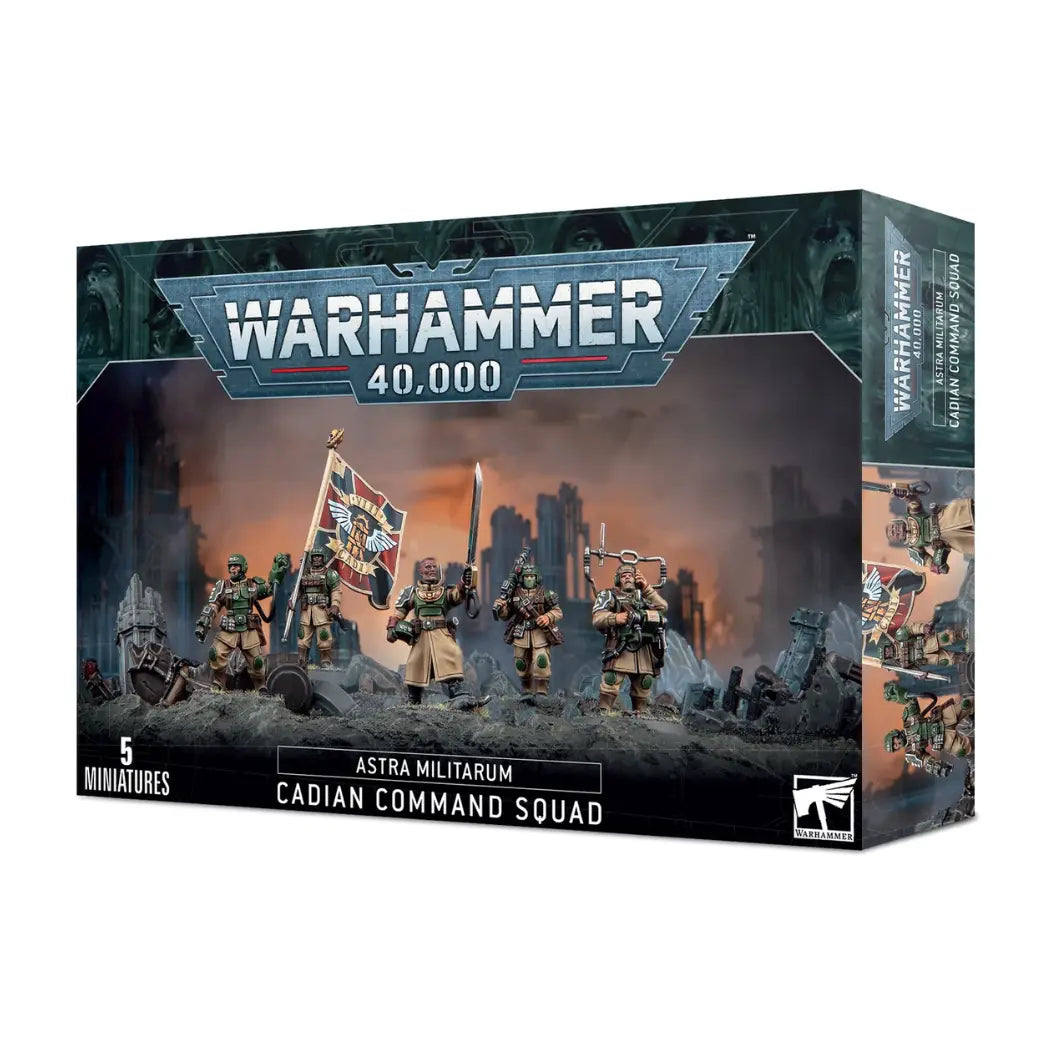 Warhammer 40k Astra Militarum Cadian Command Squad box featuring five soldiers in green and tan uniforms, including a commander and a flag bearer.
