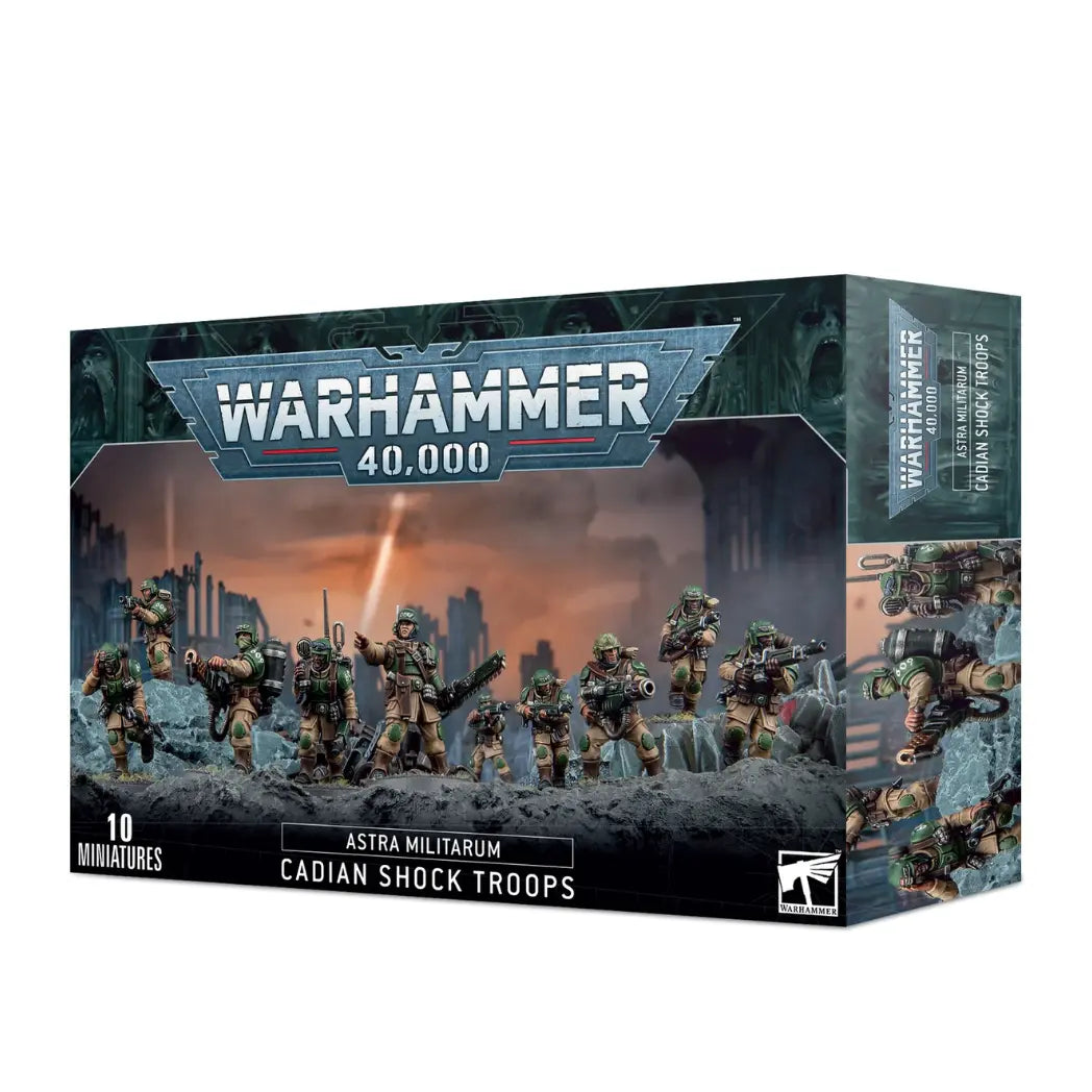 Warhammer 40k Astra Militarum Cadian Shock Troops box featuring ten soldiers in green armor and tan fatigues on a rocky, war-torn battlefield.