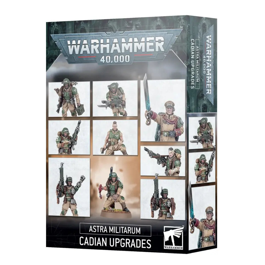 Warhammer 40k Astra Militarum Cadian Upgrades box featuring a variety of heads, equipment, and poses.
