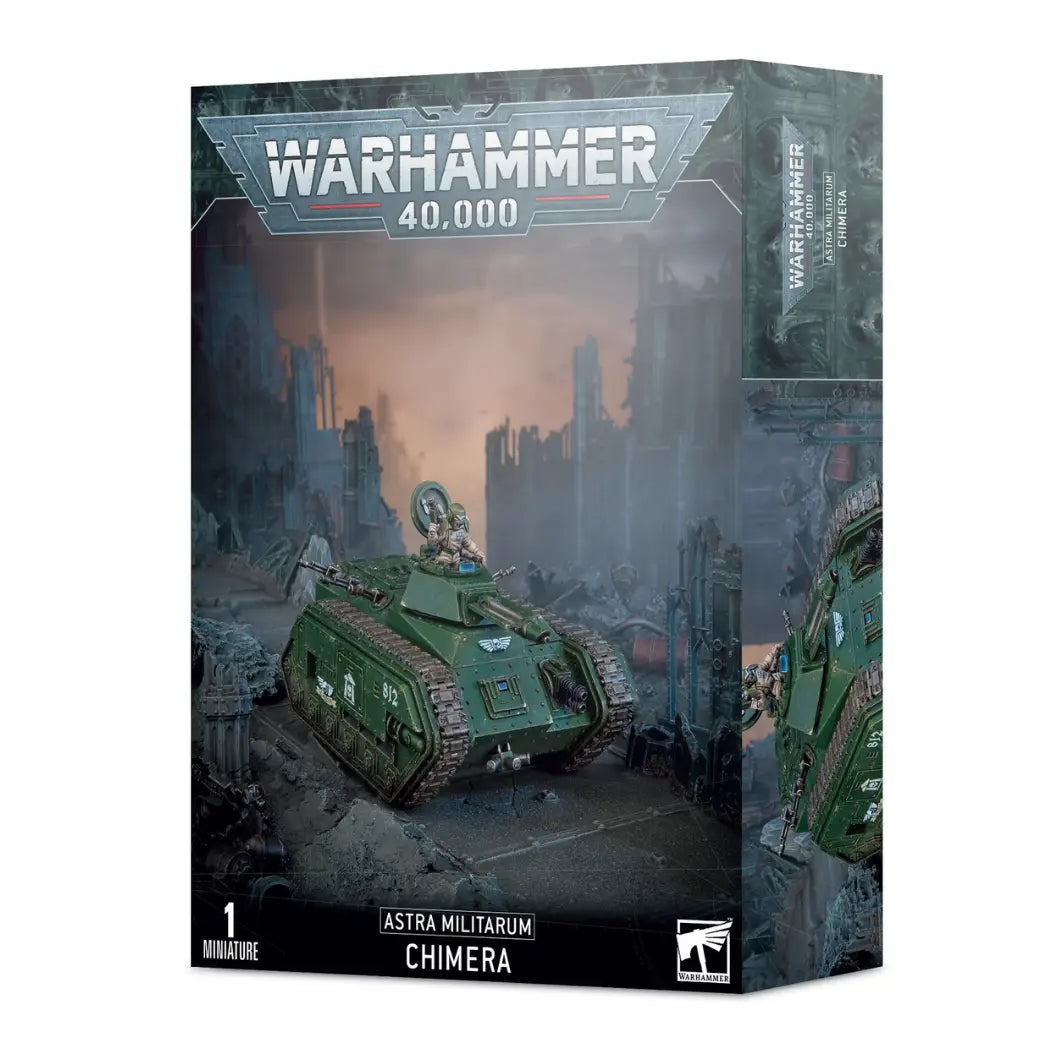 Warhammer 40k Astra Militarum Chimera box featuring a green armored transport tank with a turret-mounted multi-laser and hull-mounted heavy bolter.